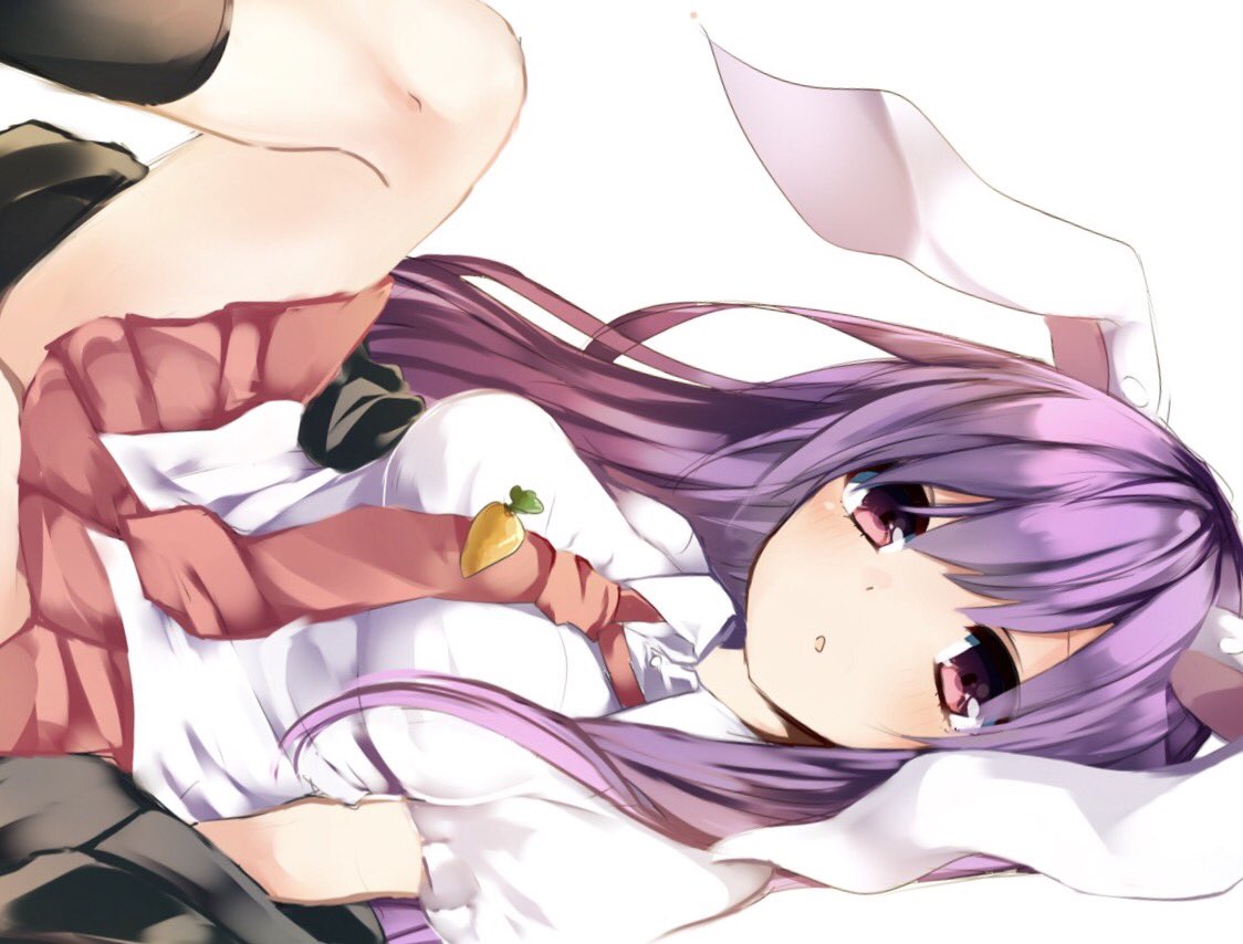 1girl animal_ears bangs black_legwear breasts carrot collared_shirt floppy_ears karasusou_nano kneehighs looking_at_viewer medium_breasts necktie parted_lips pink_skirt pleated_skirt purple_hair rabbit_ears red_necktie reisen_udongein_inaba shirt short_sleeves simple_background skirt solo touhou violet_eyes white_background white_shirt