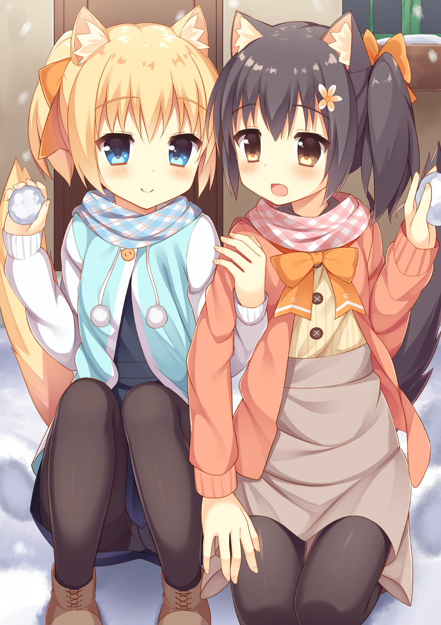 2girls :d animal_ears bangs beige_shirt black_hair black_legwear blonde_hair blue_dress blue_eyes blue_jacket blush boots bow brown_boots brown_eyes brown_jacket brown_skirt buttons cat_ears cat_tail commentary_request cross-laced_footwear door dress eyebrows_visible_through_hair fang fingernails flower hair_between_eyes hair_bow hair_flower hair_ornament high-waist_skirt highres holding jacket kneeling lace-up_boots locked_arms looking_at_another looking_at_viewer multicolored multicolored_clothes multicolored_jacket multiple_girls open_mouth orange_bow orange_ribbon original outdoors panties panties_under_pantyhose pantyhose plaid plaid_scarf pom_pom_(clothes) ribbon scarf shirt side_ponytail skirt smile snow snowball snowing squatting striped striped_shirt tail tareme thighband_pantyhose underwear usagino_suzu vertical-striped_shirt vertical_stripes white_jacket white_panties window
