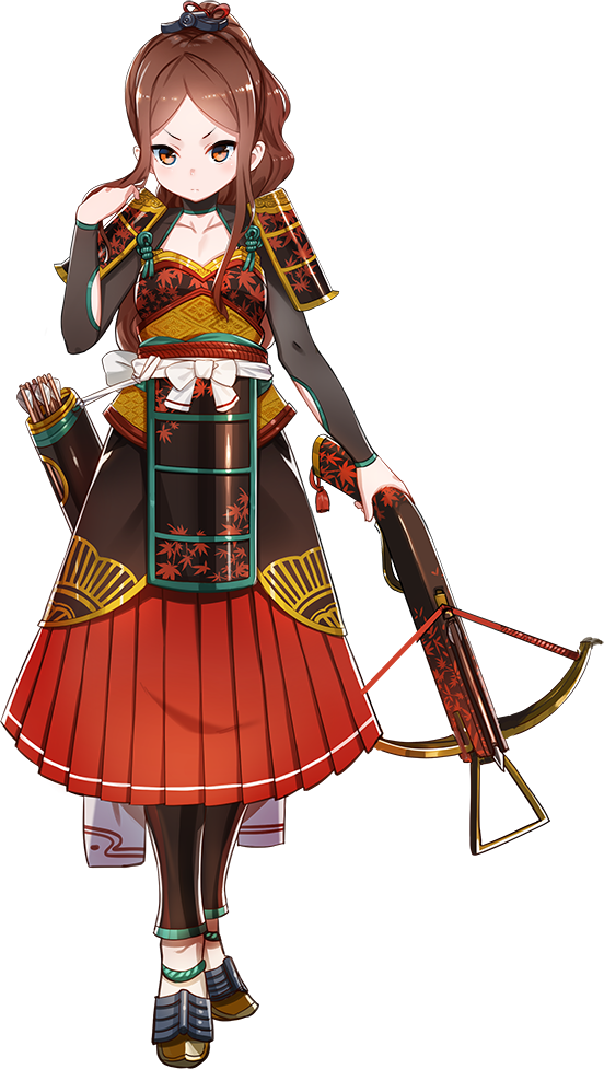 &gt;:| 1girl arrow artist_request bangs bowgun brown_hair collarbone full_body hair_ornament hand_in_hair holding holding_weapon murao_(oshiro_project) official_art orange_eyes oshiro_project oshiro_project_re parted_bangs pleated_skirt quiver red_skirt skirt transparent_background weapon