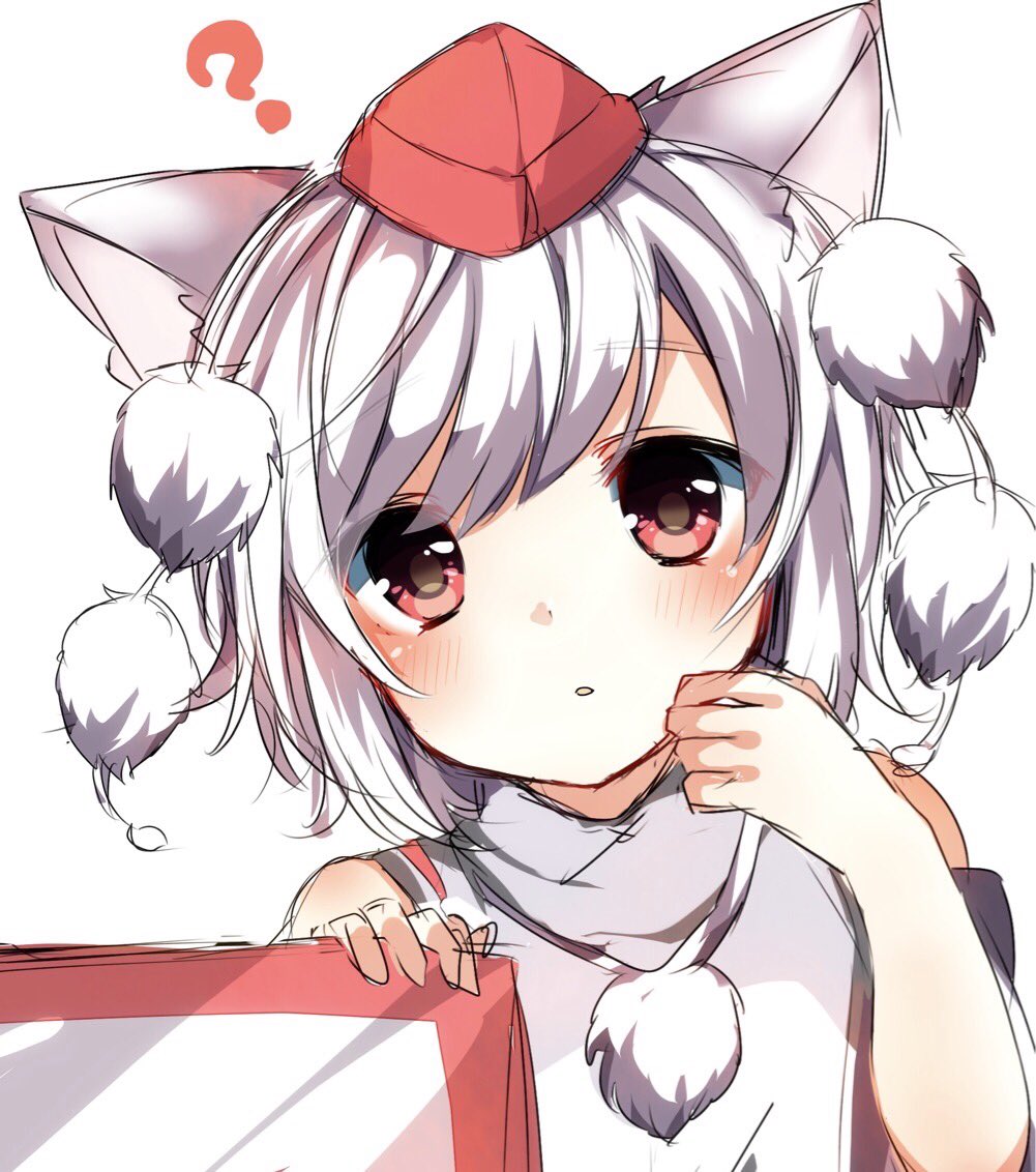 1girl ? animal_ears bangs blush brown_eyes detached_sleeves eyebrows_visible_through_hair hat inubashiri_momiji karasusou_nano looking_at_viewer parted_lips pom_pom_(clothes) short_hair simple_background solo tokin_hat touhou upper_body white_background white_hair wolf_ears