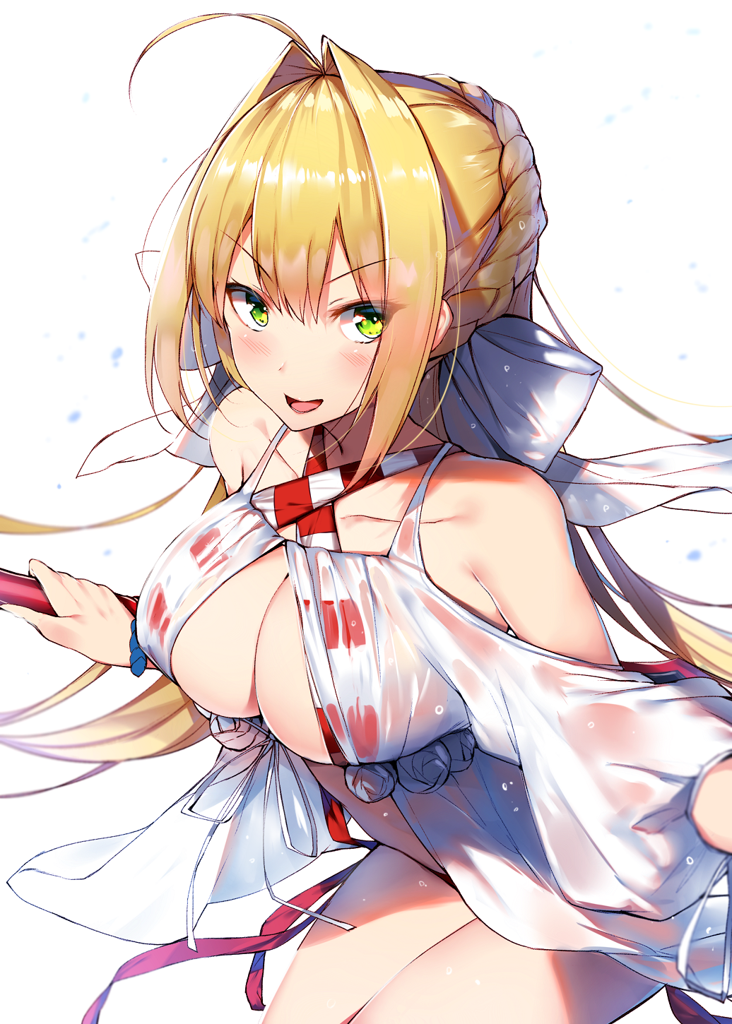 &gt;:d 1girl :d aestus_estus ahoge bangs bare_shoulders blonde_hair blush bow braid breasts cleavage collarbone dress eyebrows_visible_through_hair fate/grand_order fate_(series) gown green_eyes hair_bow hair_intakes hair_ribbon hands_up highres holding holding_sword holding_weapon large_breasts leaning_forward looking_at_viewer nero_claudius_(swimsuit_caster)_(fate) open_mouth orihi_chihiro ribbon sidelocks simple_background smile solo sword thighs weapon white_background white_bow white_ribbon