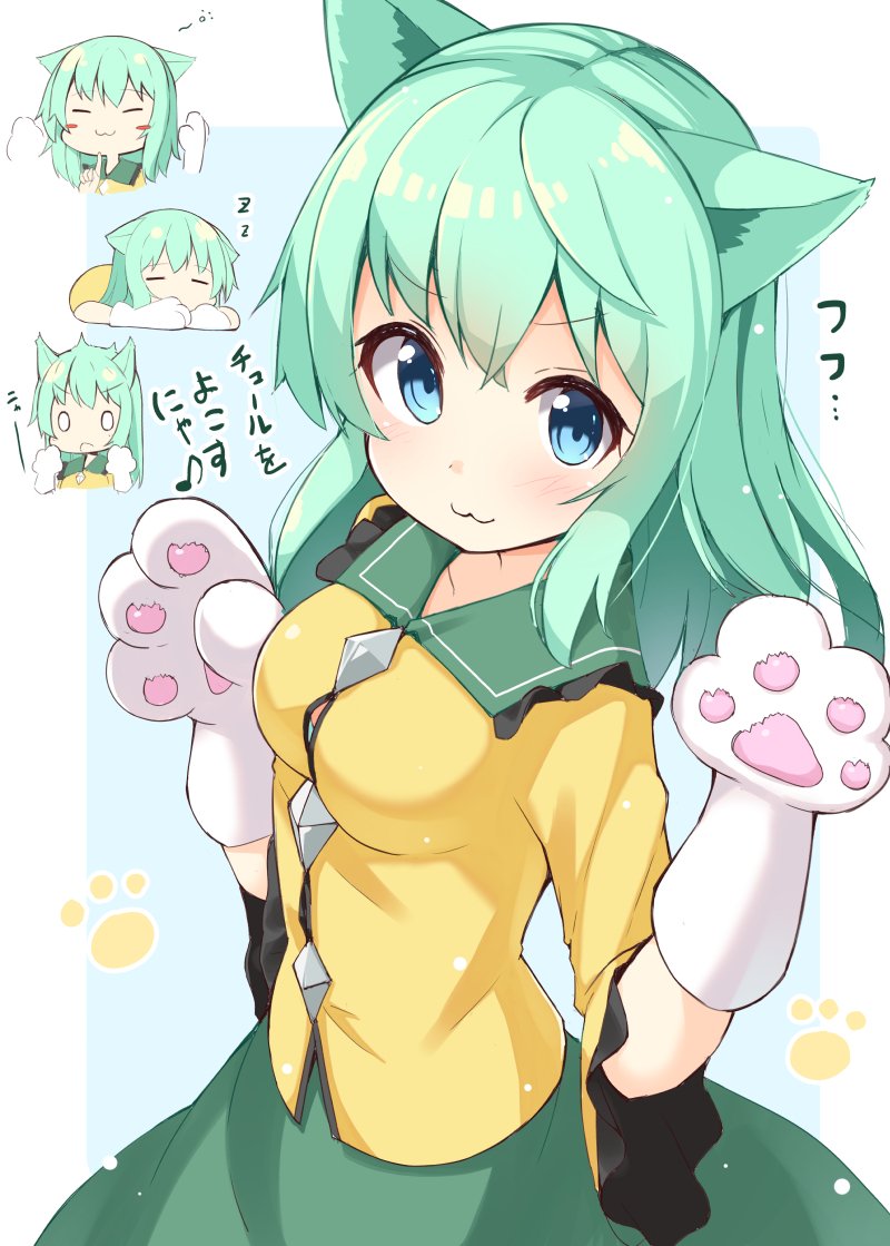 &gt;:3 1girl :3 animal_ears bangs blue_eyes blush breasts cat_ears chin_stroking cowboy_shot frilled_shirt_collar frilled_sleeves frills gloves green_hair green_skirt kemonomimi_mode komeiji_koishi long_hair looking_at_viewer no_hat no_headwear ominaeshi_(takenoko) paw_gloves paws shirt skirt small_breasts solo touhou translation_request wide_sleeves yellow_shirt zzz