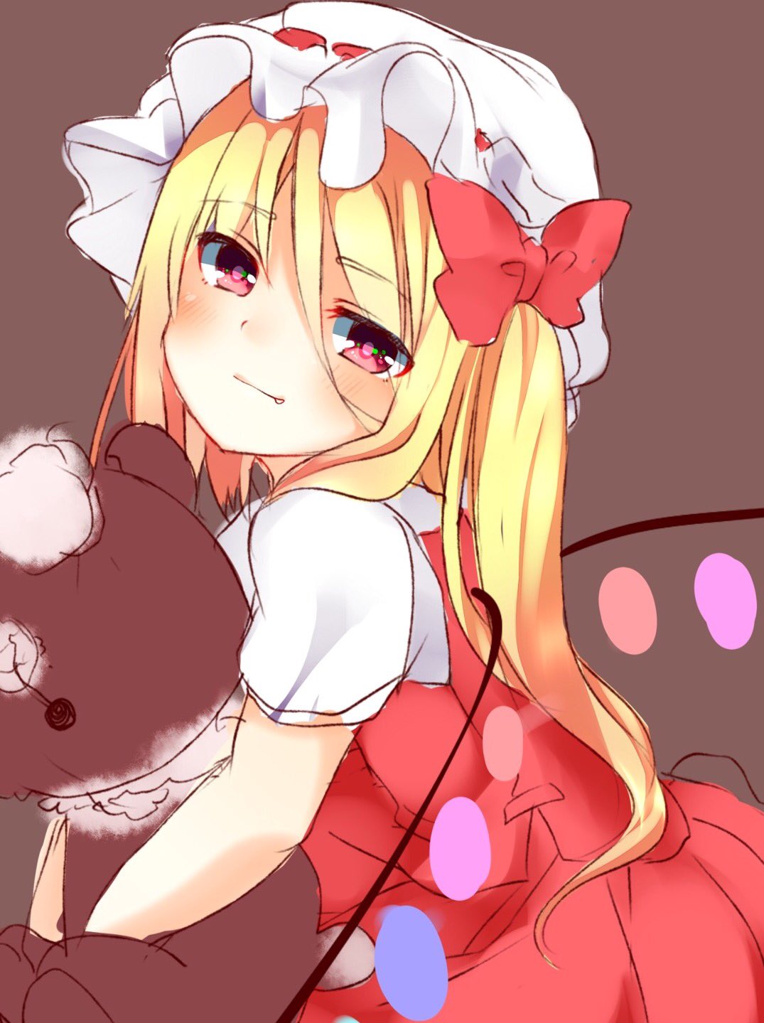 1girl bangs blonde_hair blush bow brown_background brown_eyes closed_mouth cowboy_shot eyebrows_visible_through_hair fang_out flandre_scarlet hair_between_eyes hat hat_bow highres holding holding_stuffed_animal karasusou_nano long_hair looking_at_viewer mob_cap red_skirt short_sleeves side_ponytail simple_background skirt skirt_set solo stuffed_animal stuffed_toy teddy_bear touhou white_hat