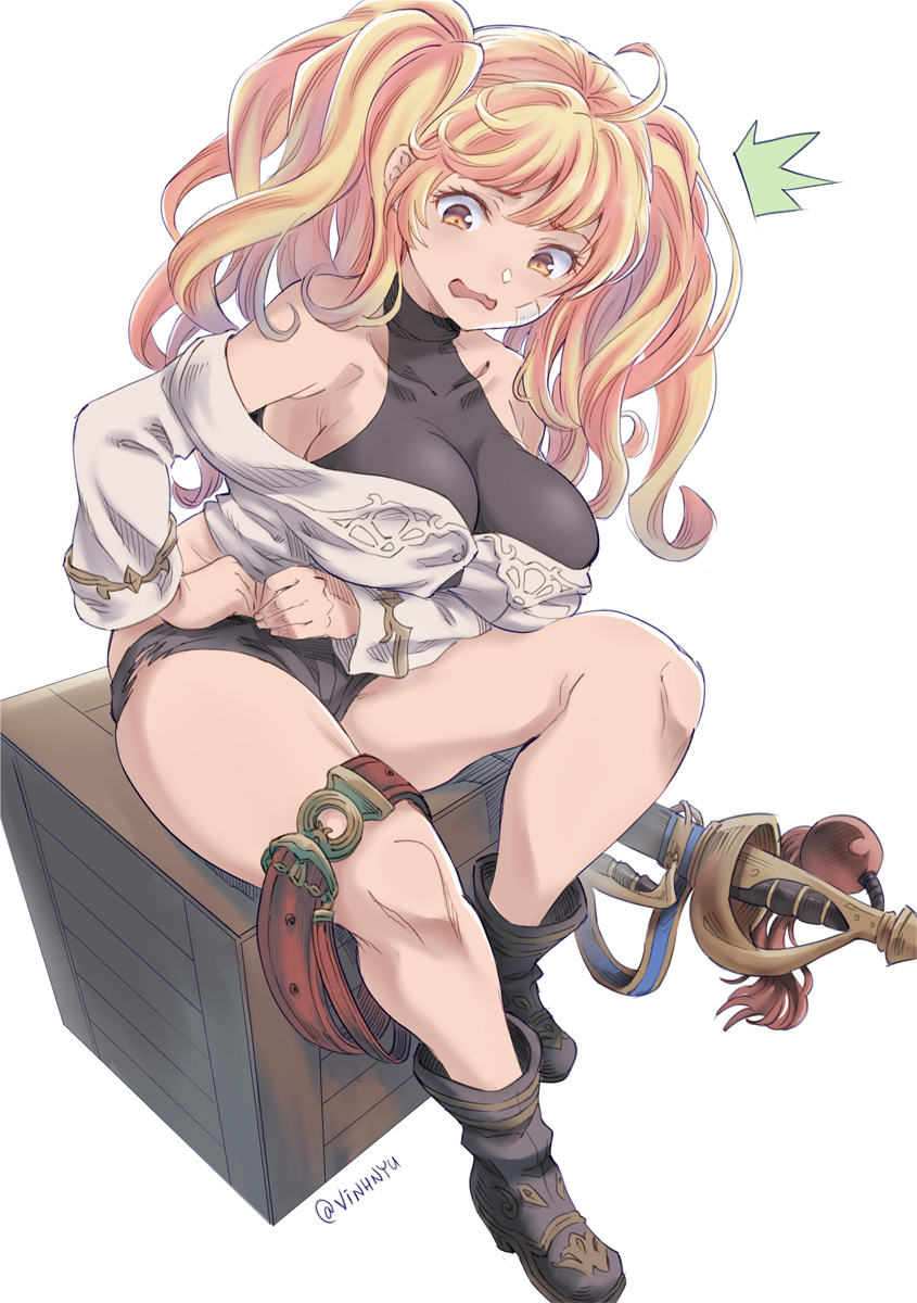 1girl ahoge belt blonde_hair blush boots breasts granblue_fantasy highres large_breasts monica_weisswind open_mouth scabbard sheath shorts simple_background sitting solo sword torn_clothes twitter_username vinhnyu wavy_hair weapon