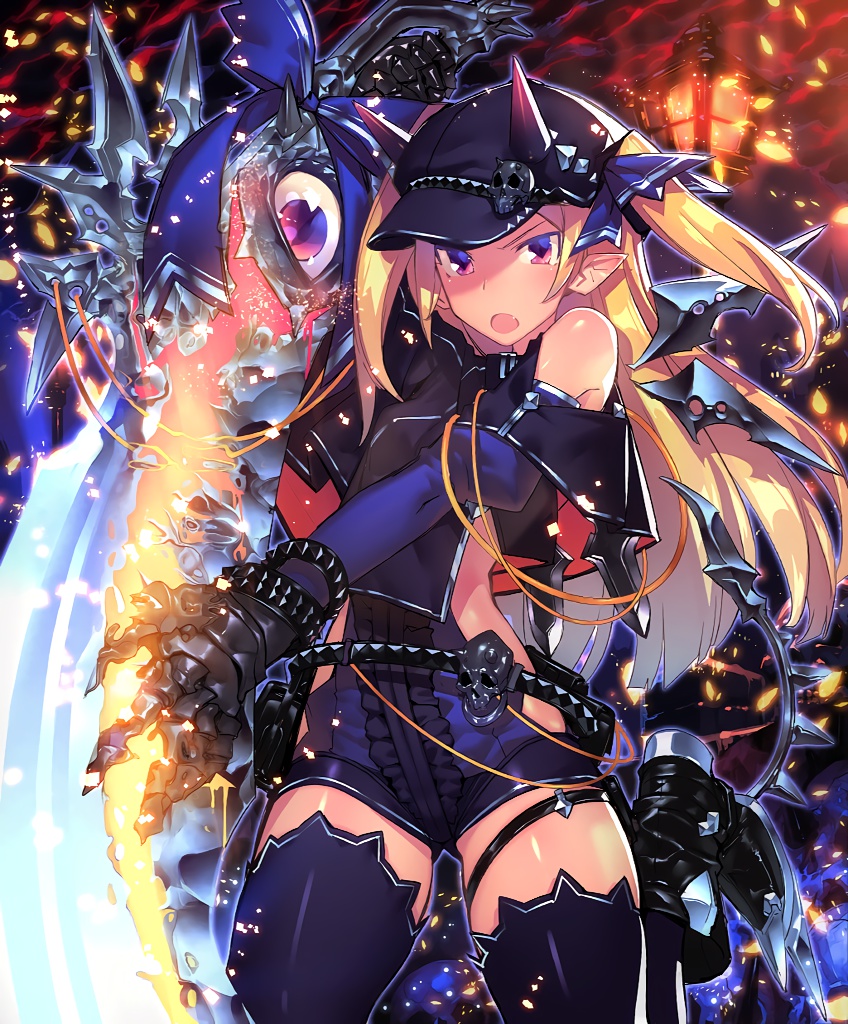 1girl artist_request bare_shoulders belt blonde_hair bracelet capelet cygames demon_eater gauntlets glowing glowing_sword glowing_weapon hat horns huge_weapon jewelry lantern long_hair official_art pointy_ears pointy_shoes puffy_sleeves red_eyes ribbon shadowverse shingeki_no_bahamut shoes skull sword thigh-highs weapon