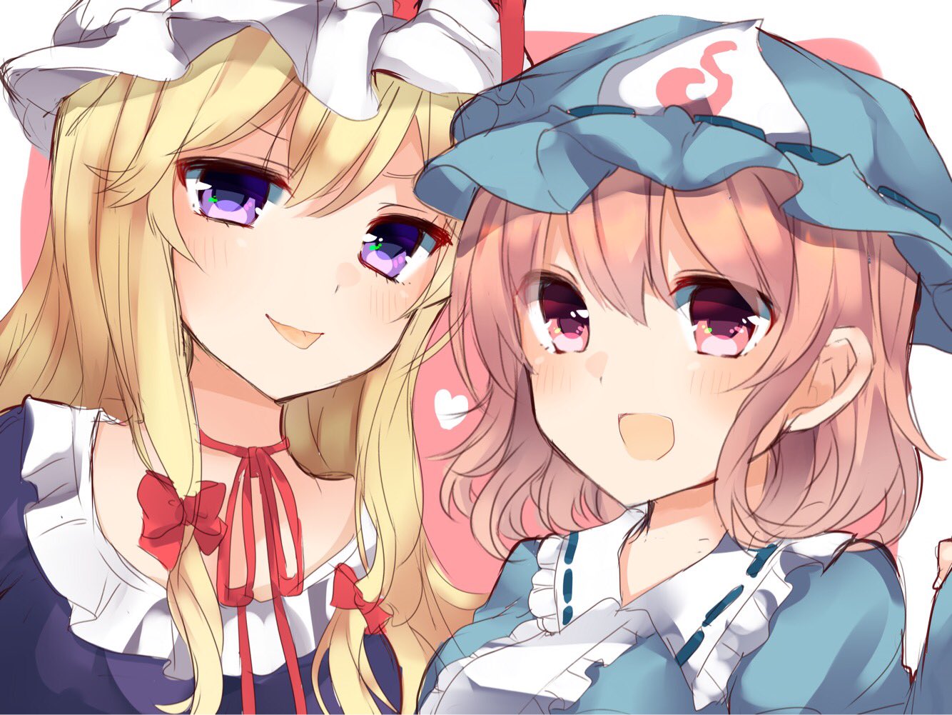 2girls :d bangs blonde_hair blue_hat blush bow hair_between_eyes hair_bow hat heart karasusou_nano long_hair looking_at_viewer mob_cap multiple_girls neck_ribbon open_mouth pink_eyes pink_hair red_bow red_ribbon ribbon saigyouji_yuyuko short_hair sidelocks smile tongue tongue_out touhou triangular_headpiece upper_body violet_eyes white_hat yakumo_yukari