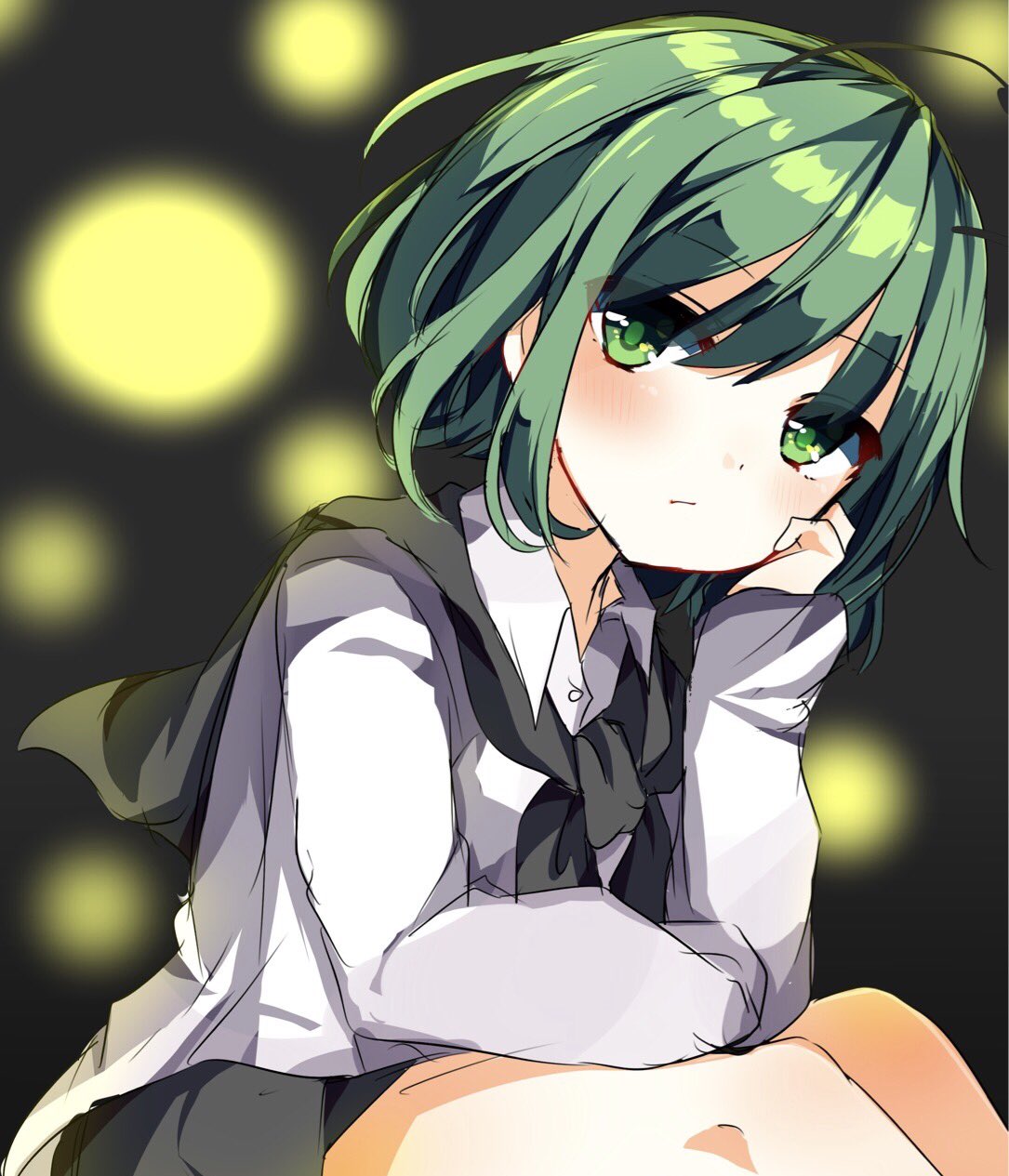 1girl antennae bangs blush buttons capelet closed_mouth collared_shirt eyebrows_visible_through_hair green_eyes green_hair hand_on_own_cheek hand_up highres karasusou_nano long_hair long_sleeves looking_at_viewer shirt short_hair sitting solo touhou white_shirt wriggle_nightbug