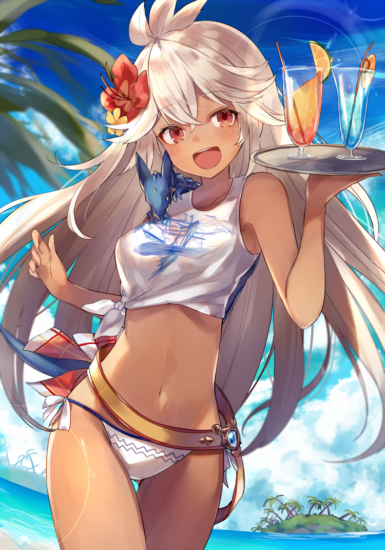 1girl :d ahoge bare_shoulders beach bikini blush breasts clouds cup dark_skin day dragon drinking_glass drinking_straw flower granblue_fantasy hair_flower hair_ornament hibiscus holding holding_tray island long_hair looking_at_viewer medium_breasts navel ocean open_mouth outdoors red_eyes shirt shugao sky smile solo swimsuit the_order_grande tied_shirt tray water white_bikini white_hair white_shirt