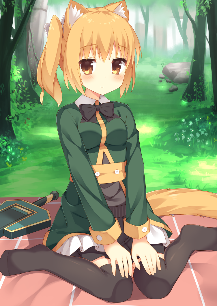 1girl animal_ears bangs black_bow black_bowtie black_shirt black_skirt blanket blonde_hair blush boulder bow bowtie cat_ears cat_tail collared_jacket commentary_request eyebrows_visible_through_hair flower forest grass green_jacket hair_between_eyes hair_bow hands_on_legs jacket long_hair long_sleeves looking_at_viewer nature original outdoors pleated_skirt shirt side_ponytail sidelocks sitting skirt smile solo sword tail tareme tree usagino_suzu v_arms weapon white_bow yellow_eyes yokozuwari