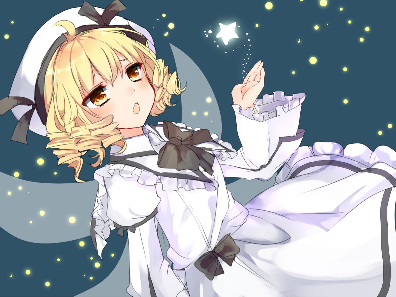 1girl ahoge bangs black_bow black_bowtie blonde_hair blush bow bowtie drill_hair fairy_wings frills hat juliet_sleeves karasusou_nano long_sleeves luna_child open_mouth puffy_sleeves short_hair solo star touhou wings yellow_eyes