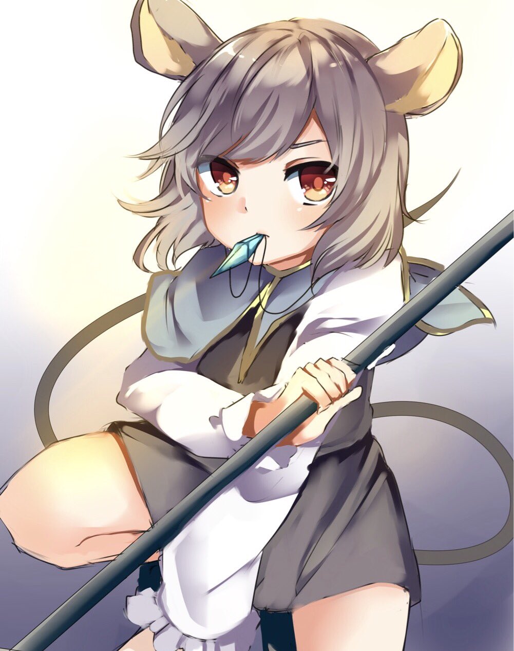 1girl animal_ears bangs black_skirt brown_eyes capelet closed_mouth grey_hair highres holding jewelry karasusou_nano long_sleeves looking_at_viewer mouse_ears mouse_tail mouth_hold nazrin necklace short_hair skirt skirt_set solo squatting tail touhou