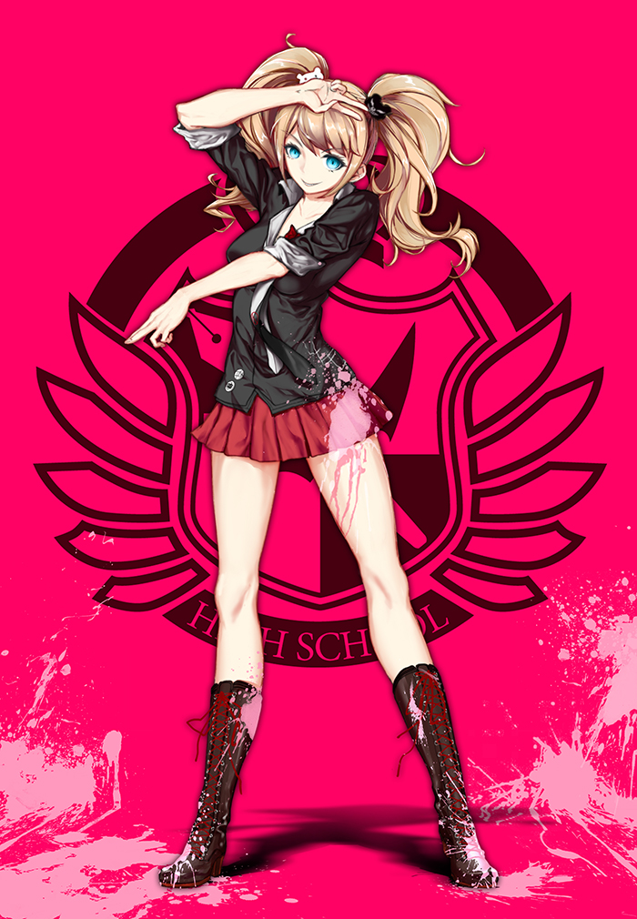 1girl arm_up bear_hair_ornament black_shirt blood bloody_clothes blue_eyes boots brown_boots brown_hair collarbone dangan_ronpa dangan_ronpa_1 enoshima_junko hair_ornament long_hair looking_at_viewer miniskirt necktie pleated_skirt pourpre red_background red_skirt shirt skirt smile solo twintails