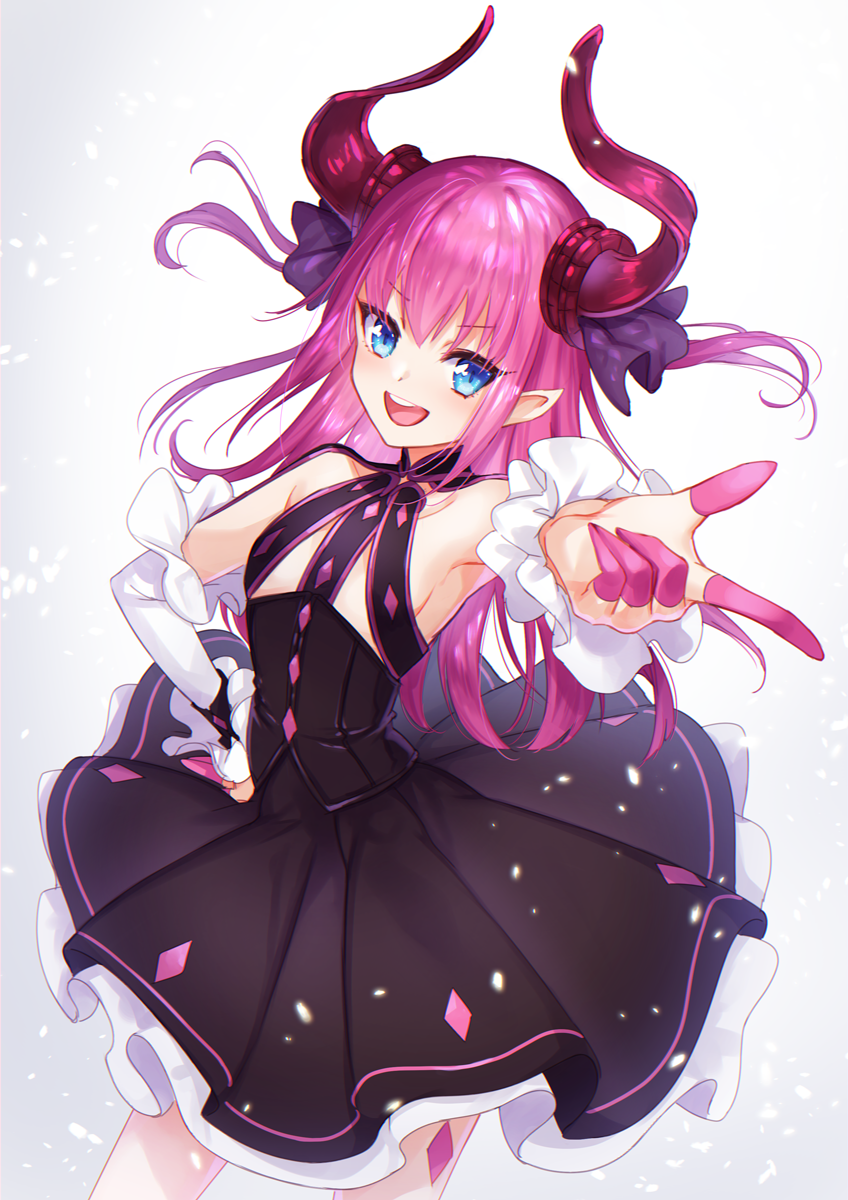 1girl black_dress blush commentary_request dragon_girl dragon_horns dragon_tail dress eyebrows_visible_through_hair eyes_visible_through_hair fate/extra fate/extra_ccc fate/grand_order fate_(series) green_eyes hair_between_eyes hair_ribbon highres horns lancer_(fate/extra_ccc) long_hair looking_at_viewer open_mouth pink_hair pointy_ears ribbon simple_background solo tail teeth xxxpechkaxxx