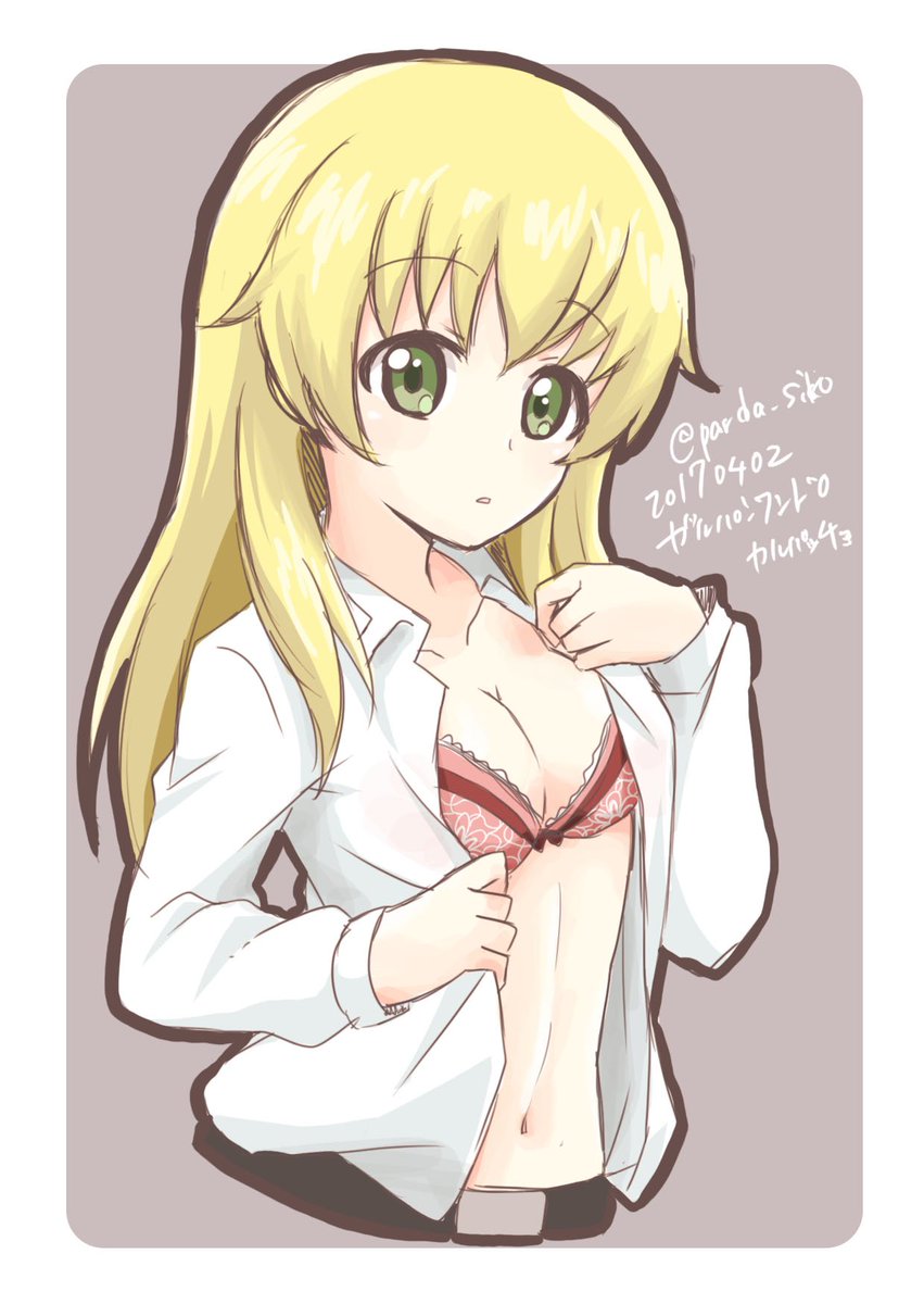 1girl anzio_school_uniform bangs belt blonde_hair bow bow_bra bra breasts carpaccio cleavage cropped_torso dated dress_shirt girls_und_panzer green_eyes grey_background highres lace lace-trimmed_bra long_hair long_sleeves looking_at_viewer medium_breasts navel open_clothes open_shirt parda_siko parted_lips pink_bra school_uniform shirt sketch solo standing translated twitter_username underwear undressing upper_body white_shirt