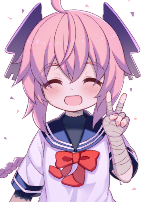 1girl :d ^_^ ahoge bandage bandaged_arm bandaged_hands black_shirt blush bow braid closed_eyes collarbone d_omm eyebrows_visible_through_hair hair_between_eyes hair_ornament kantai_collection long_hair nenohi_(kantai_collection) open_mouth pink_hair red_bow sailor_collar shirt short_sleeves smile solo triangle upper_body v white_background white_shirt