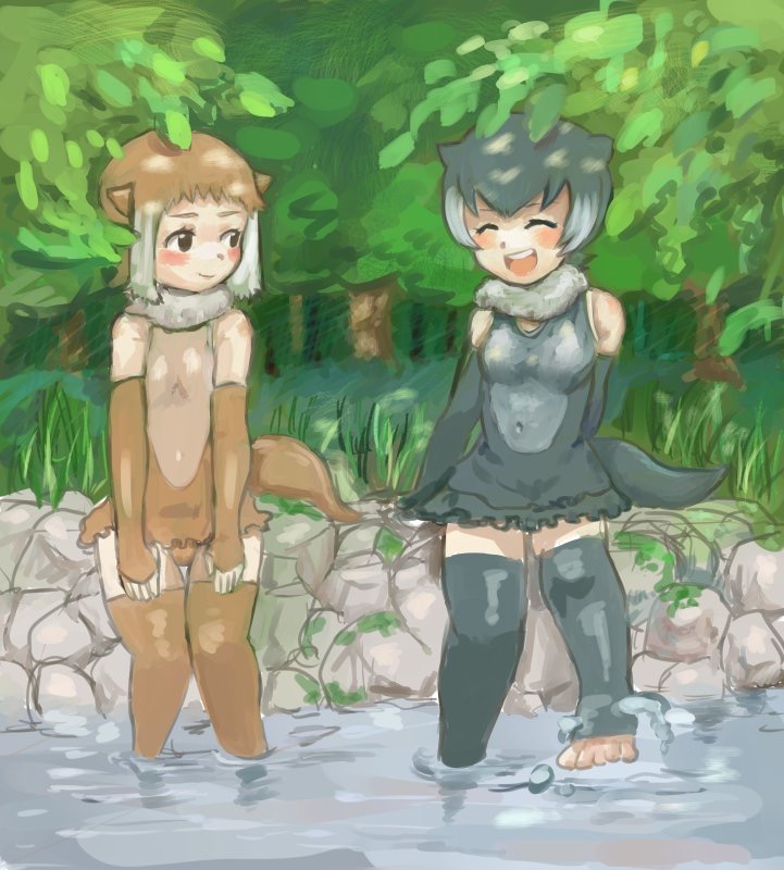 2girls :d ^_^ artist_request bare_shoulders blush brown_gloves brown_hair brown_legwear closed_eyes commentary day elbow_gloves fingerless_gloves forest gloves grass grey_gloves grey_hair grey_legwear japanese_otter_(kemono_friends) kemono_friends looking_at_another multicolored_hair multiple_girls nature one-piece_swimsuit open_mouth otter_ears otter_tail outdoors short_hair sitting small-clawed_otter_(kemono_friends) smile soaking_feet splashing swimsuit tail thigh-highs toeless_legwear tree two-tone_hair water white_hair