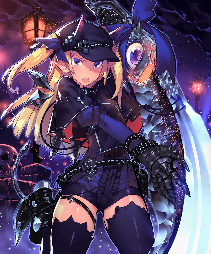 1girl artist_request belt blonde_hair blue_eyes bracelet capelet cygames demon_eater gauntlets glowing glowing_sword glowing_weapon hat horns huge_weapon jewelry lantern long_hair official_art pointy_ears pointy_shoes puffy_sleeves shadowverse shingeki_no_bahamut shoes skull sword thigh-highs weapon