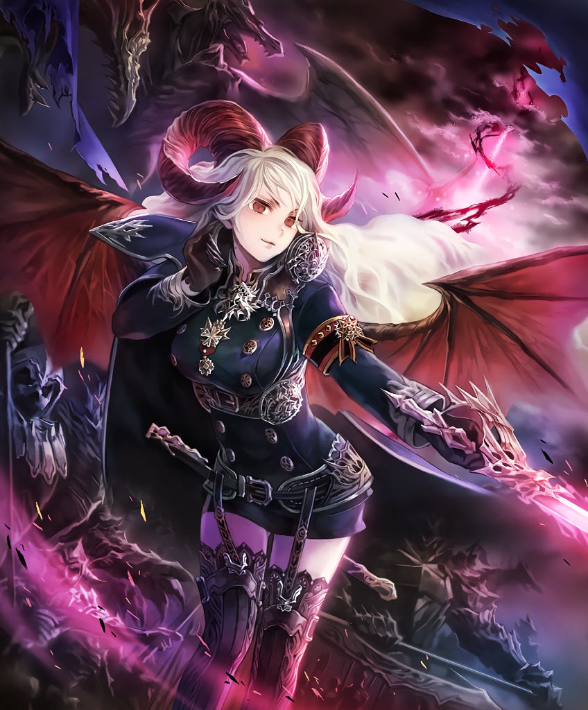 1girl armband army artist_request belt capelet cygames demon demon_girl demon_horns demon_wings earmuffs emeralda_demonic_officer glowing glowing_sword glowing_weapon horns long_hair medal military military_uniform official_art red_eyes scabbard shadowverse sheath shingeki_no_bahamut skirt sword thigh-highs undead uniform weapon white_hair wings