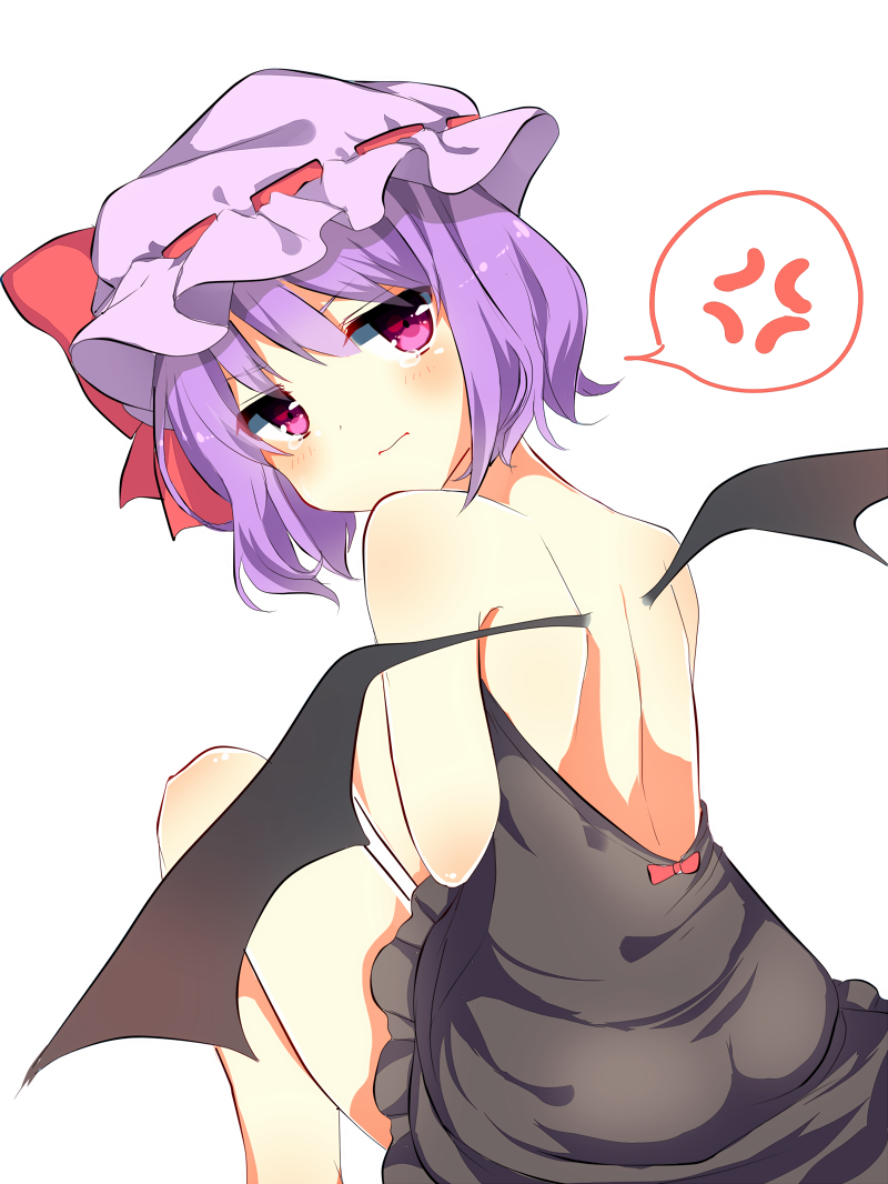 anger_vein back bangs bare_legs bare_shoulders bat_wings black_dress black_wings blush bow closed_mouth dress eyebrows_visible_through_hair from_behind hat hat_bow karasusou_nano looking_at_viewer looking_back mob_cap open-back_dress pink_eyes pink_hat purple_hair red_bow remilia_scarlet short_hair simple_background sitting spoken_anger_vein tears touhou white_background wings