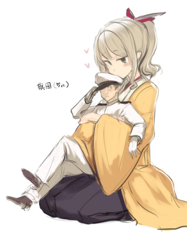 1boy 1girl admiral_(kantai_collection) blonde_hair blue_hakama blush bow brown_hair brown_shoes character_name eyebrows_visible_through_hair giantess gloves green_eyes hair_bow hair_ornament hakama hakama_skirt hat hatakaze_(kantai_collection) heart hug hug_from_behind jacket japanese_clothes kantai_collection kimono kneeling long_hair looking_at_another meiji_schoolgirl_uniform navel pants ponytail shoes short_hair simple_background size_difference sketch utopia white_background white_gloves white_hat white_jacket white_pants wide_sleeves yellow_kimono