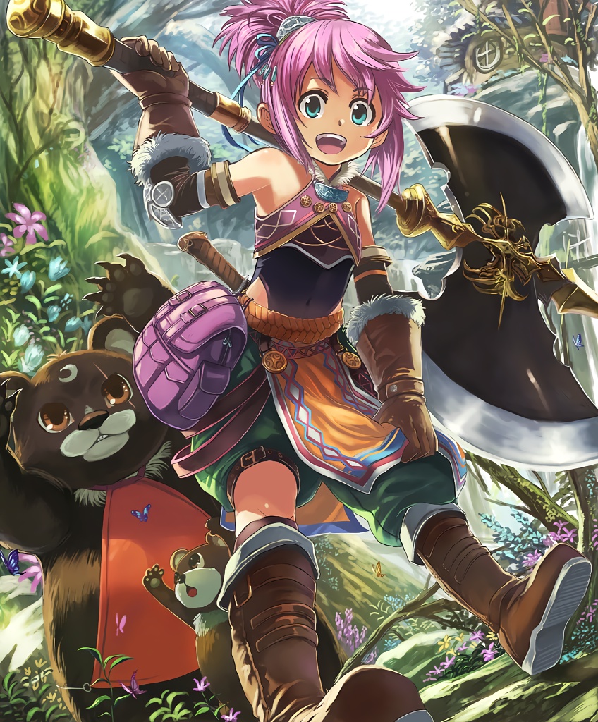 1girl :d abby_the_axe_girl artist_request asymmetrical_legwear axe bag bare_shoulders bear blue_eyes boots brown_eyes cub cygames eyebrows_visible_through_hair facial_mark forehead_mark forest fur_trim gloves nature official_art open_mouth over_shoulder pink_hair ponytail scar shadowverse shingeki_no_bahamut shorts smile weapon weapon_over_shoulder