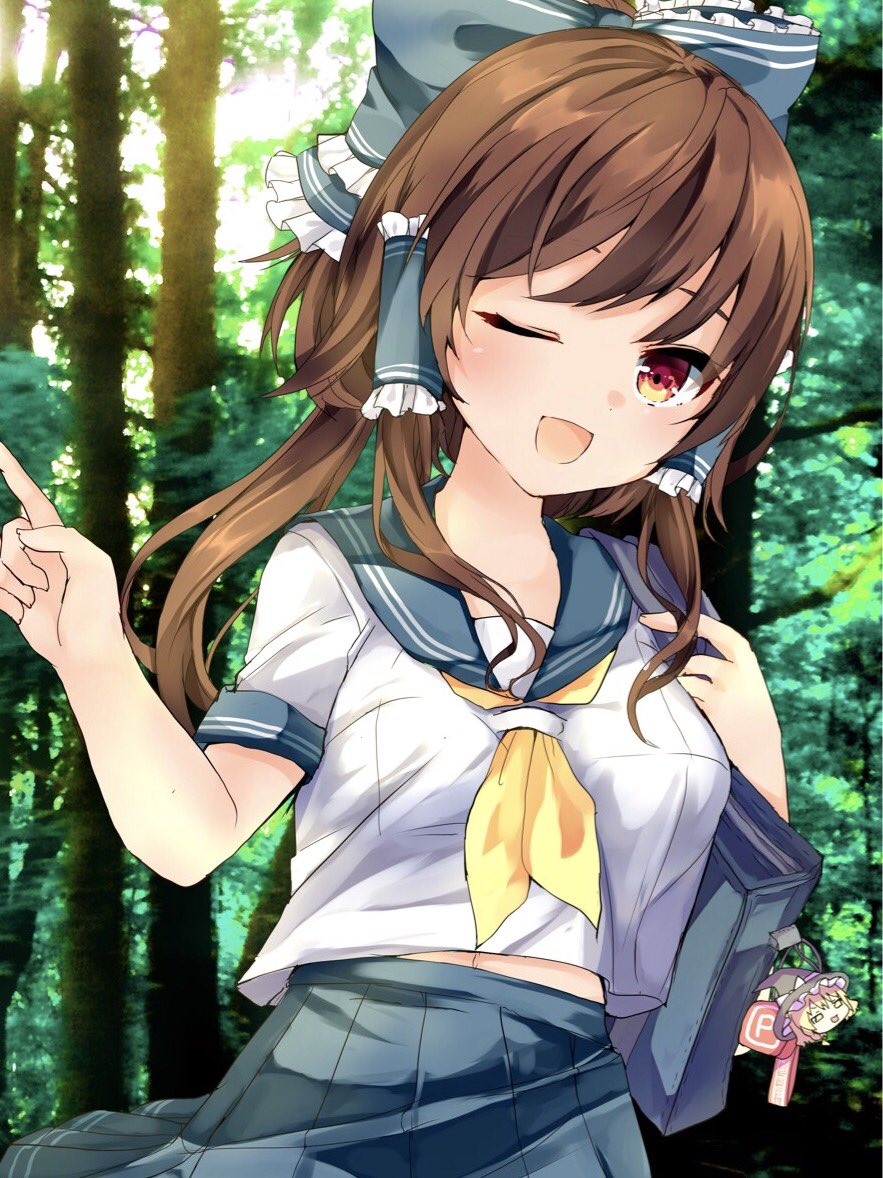 1girl ;d alternate_costume bag bangs blue_bow blue_skirt bow breasts brown_eyes brown_hair contemporary cowboy_shot day eyebrows_visible_through_hair hair_bow hair_tubes hakurei_reimu karasusou_nano kirisame_marisa looking_at_viewer medium_breasts nature navel neckerchief one_eye_closed open_mouth outdoors pleated_skirt satchel school_uniform serafuku short_sleeves sidelocks skirt smile solo touhou tree yukkuri_shiteitte_ne