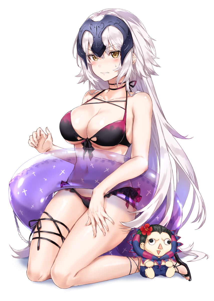 1girl arisaka_ako bangs bare_legs bikini black_bikini blush breasts caster_(fate/zero) character_doll cleavage clenched_teeth eyebrows_visible_through_hair fate/grand_order fate_(series) frilled_bikini frills front-tie_top full_body hand_up headpiece highres innertube jeanne_alter jitome kneeling large_breasts looking_at_viewer navel parted_lips ruler_(fate/apocrypha) sandals silver_hair simple_background solo swimsuit teeth thighs tsurime under_boob white_background yellow_eyes