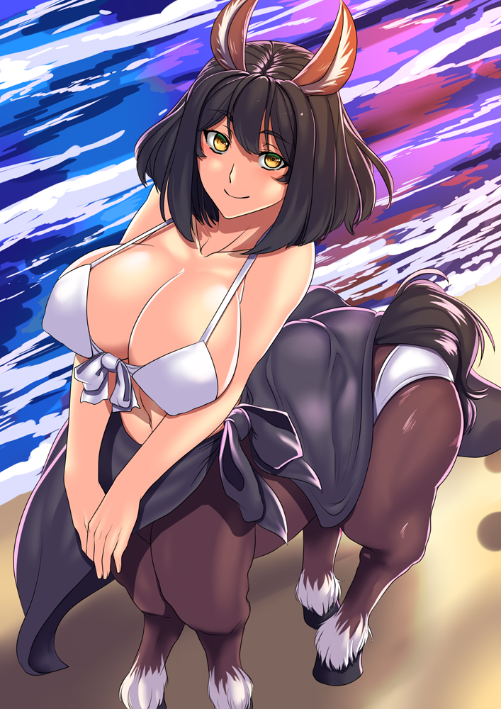 1girl animal_ears bare_shoulders beach black_hair breasts centaur collarbone commentary_request eyebrows_visible_through_hair horse_ears huge_breasts looking_at_viewer monster_girl original short_hair smile solo v_arms water white_bikini_top yellow_eyes yui_sora