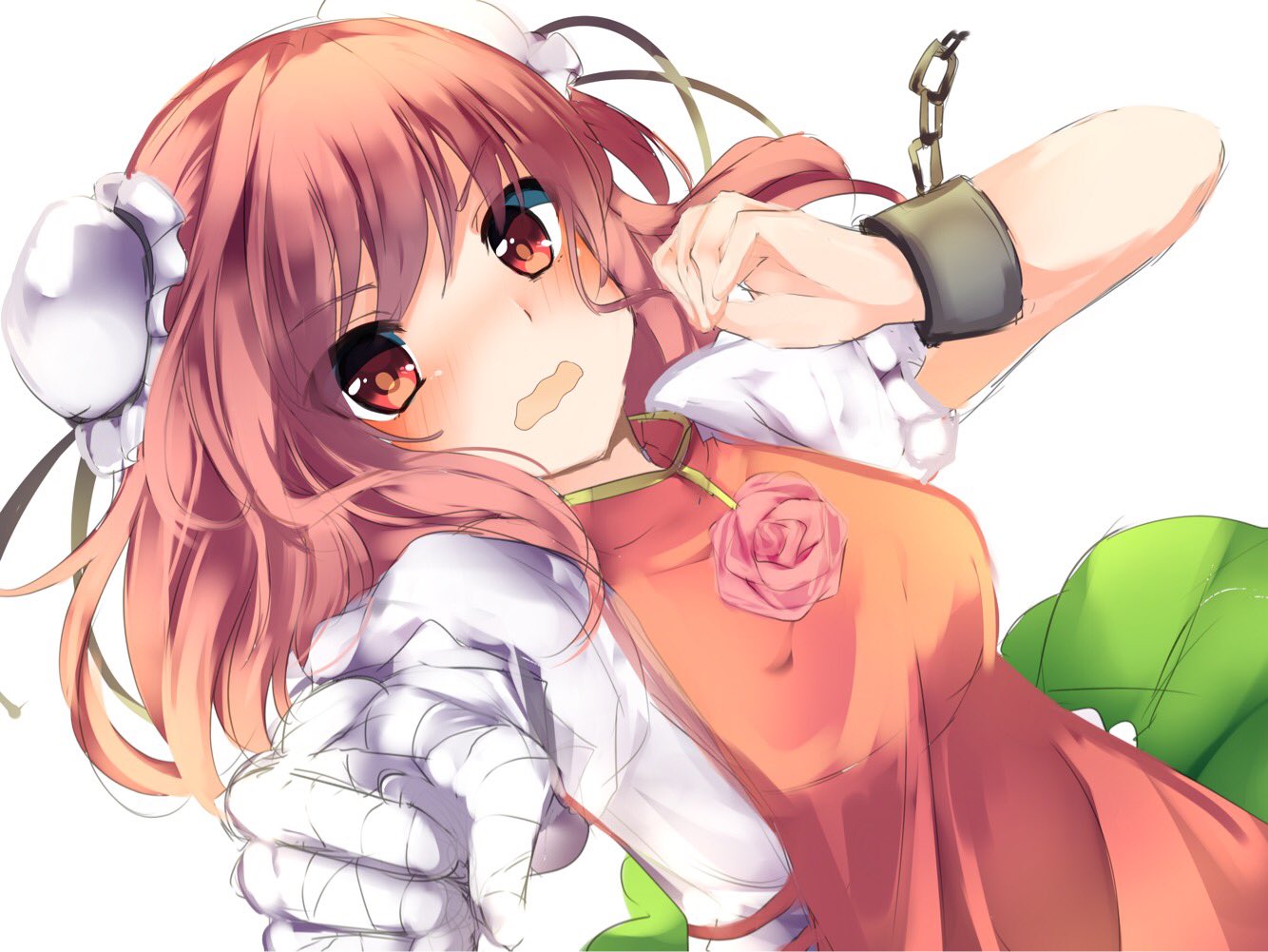 1girl bandage bandaged_arm bangs blush breasts bun_cover chains commentary_request cuffs double_bun dutch_angle eyebrows_visible_through_hair flower ibaraki_kasen karasusou_nano looking_at_viewer medium_breasts open_mouth pink_eyes pink_hair shackles short_hair short_sleeves simple_background solo touhou upper_body white_background