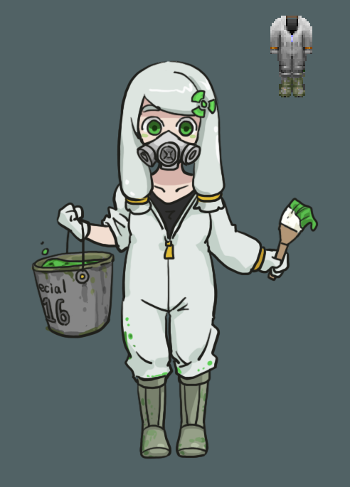 1girl boots bucket doom_(game) gas_mask gloves green_eyes kurashiki_nanka paintbrush personification radiation_symbol simple_background solo stained_clothes twintails white_hair