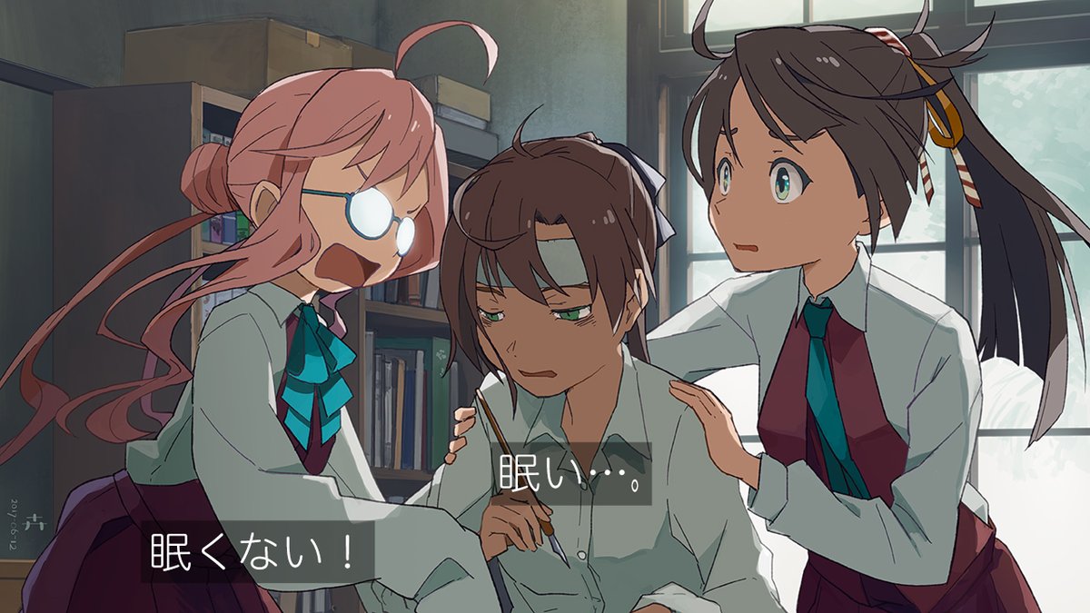 3girls ahoge akigumo_(kantai_collection) aqua_bowtie bags_under_eyes blue-framed_eyewear bookshelf bow bowtie brown_hair comic dress fountain_pen glasses green_eyes hair_bun hair_ribbon hands_on_another's_shoulders headband holding holding_pen indoors kantai_collection kazagumo_(kantai_collection) kusakabe_(kusakabeworks) long_hair long_sleeves low_twintails makigumo_(kantai_collection) multiple_girls open_collar open_mouth pen pink_hair ponytail purple_dress ribbon shirt sidelocks sleeveless sleeveless_dress sleeves_past_wrists sunlight translation_request twintails white_shirt window