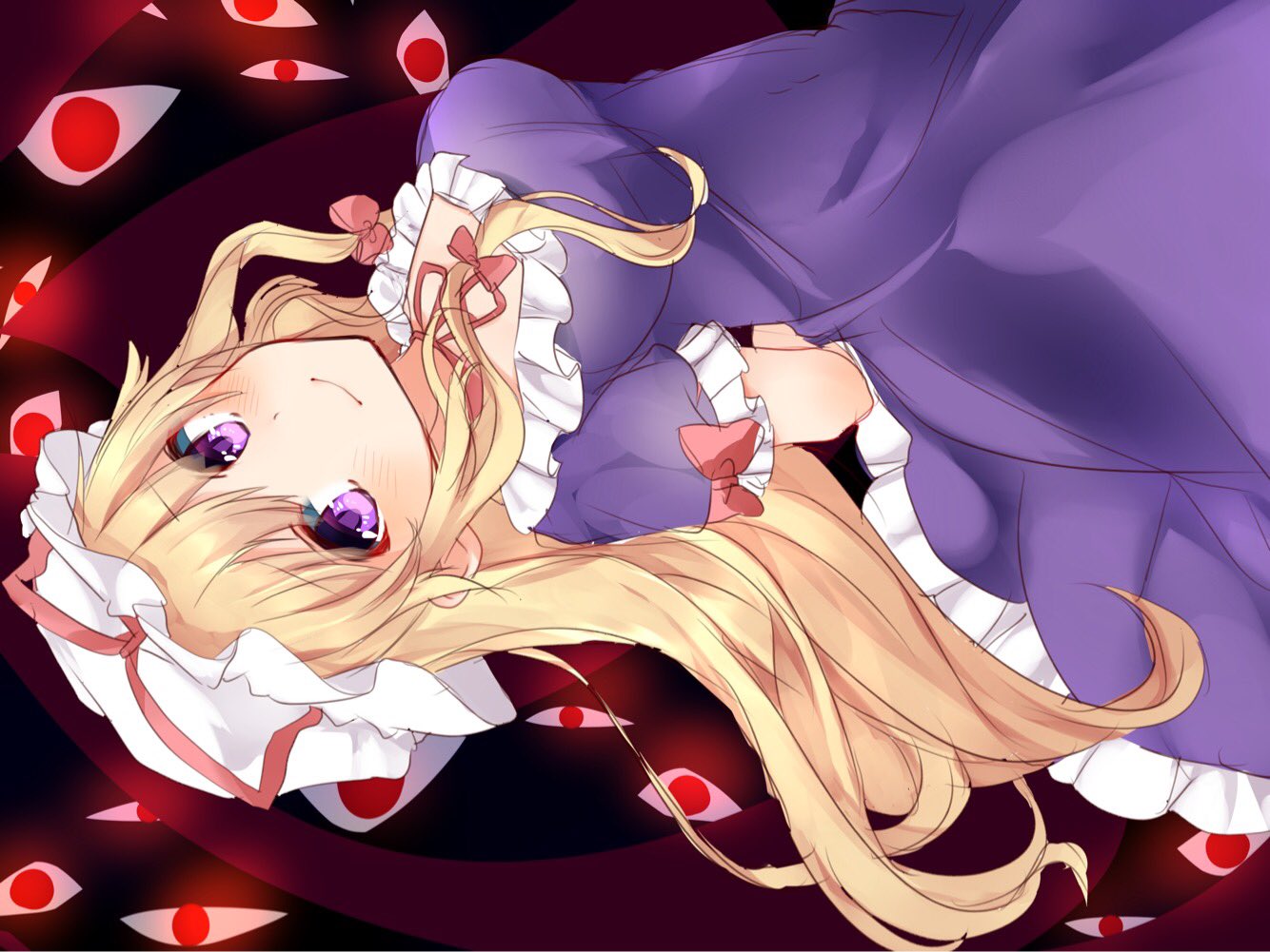 1girl bangs blonde_hair blush bow breasts closed_mouth dress eyebrows_visible_through_hair gap hair_bow hat hat_ribbon karasusou_nano long_hair looking_at_viewer medium_breasts mob_cap neck_ribbon purple_dress red_bow red_ribbon ribbon short_sleeves sidelocks smile solo touhou violet_eyes white_hat yakumo_yukari