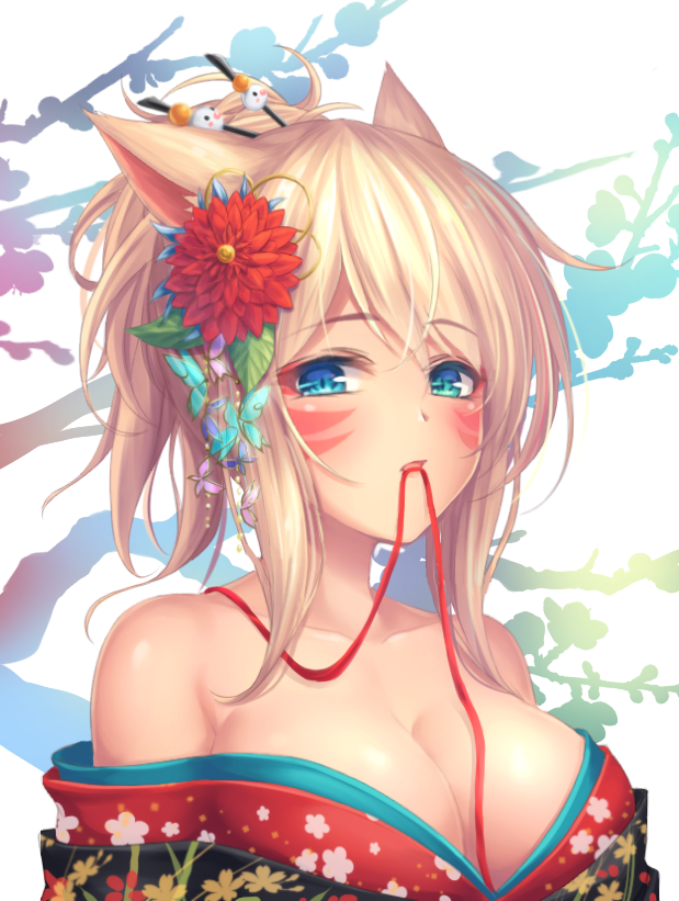 1girl animal_ears blonde_hair blue_eyes breasts cat_ears cleavage collarbone eyebrows_visible_through_hair final_fantasy final_fantasy_xiv flower hair_flower hair_ornament large_breasts looking_at_viewer miqo'te mouth_hold short_hair solo tiphereth upper_body