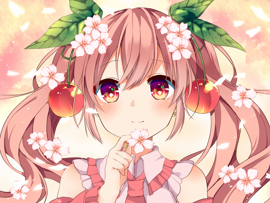 1girl bangs blush brown_hair cherry closed_mouth detached_sleeves eyebrows_visible_through_hair flower food fruit hair_between_eyes hair_flower hair_ornament hatsune_miku holding holding_flower karasusou_nano leaf_hair_ornament long_hair looking_at_viewer multicolored multicolored_eyes petals portrait sakura_miku smile solo twintails vocaloid