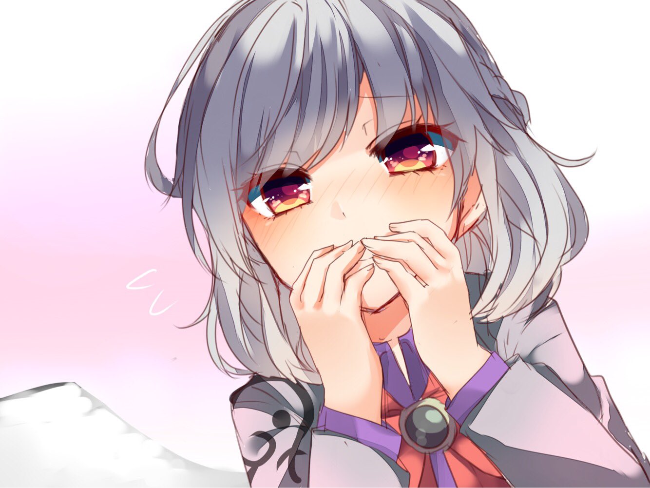 1girl bangs blush bow bowtie braid closed_mouth eyebrows_visible_through_hair flying_sweatdrops french_braid hand_to_own_mouth hands_up jacket karasusou_nano kishin_sagume long_hair long_sleeves looking_at_viewer multicolored multicolored_eyes portrait red_bow red_bowtie short_hair silver_hair smile solo touhou