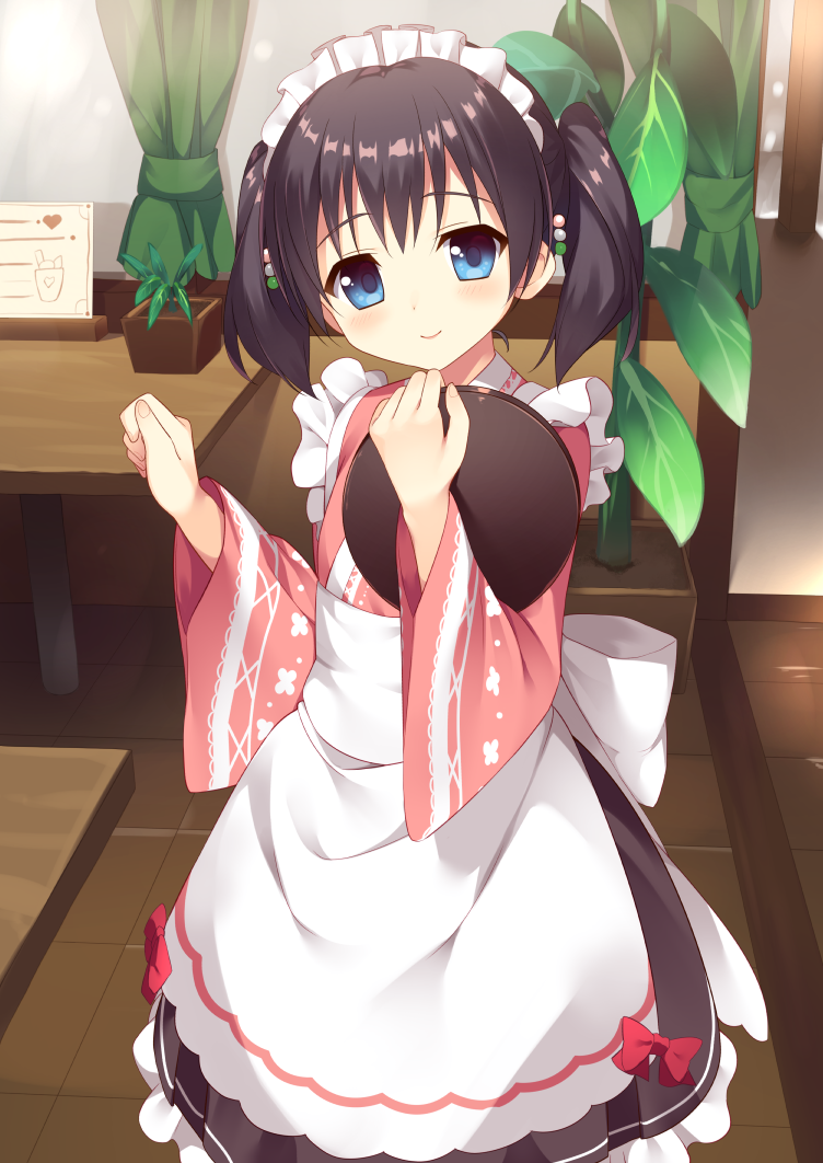 1girl apron bangs black_skirt blue_eyes bow commentary_request cowboy_shot dango_hair_ornament eyebrows_visible_through_hair fingernails food_themed_hair_ornament frilled_apron frilled_skirt frills hair_ornament head_tilt holding holding_tray indoors japanese_clothes kimono long_sleeves looking_at_viewer maid_headdress original pink_kimono plant potted_plant print_kimono red_bow restaurant sash short_twintails skirt smile solo standing table tareme tray twintails usagino_suzu wa_maid waist_apron white_apron wide_sleeves