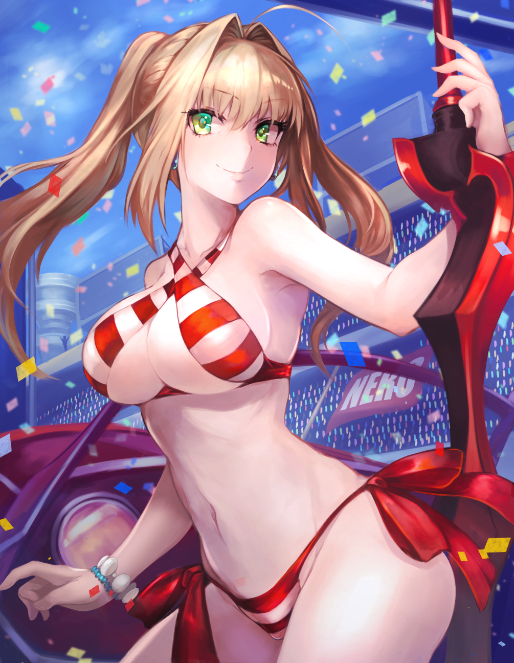 1girl aestus_estus ahoge bead_bracelet beads bikini blonde_hair blue_sky blush bracelet breasts car character_name closed_mouth collarbone confetti contrapposto criss-cross_halter day earrings eyebrows_visible_through_hair fate/grand_order fate_(series) green_eyes ground_vehicle hair_intakes halterneck highres holding holding_sword holding_weapon jewelry large_breasts long_hair looking_at_viewer motor_vehicle navel nero_claudius_(swimsuit_caster)_(fate) omoti_(1201208) outdoors red_bikini revision side-tie_bikini sky smile solo stadium striped striped_bikini swimsuit sword thighs twintails weapon white_bikini