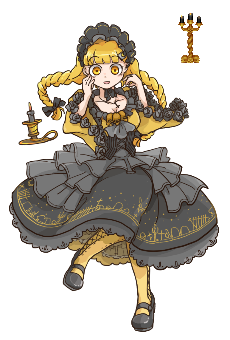 1girl blonde_hair bow braid candelabra candle cross doom_(game) dress hair_bow inverted_cross kurashiki_nanka personification solo twin_braids white_background yellow_eyes