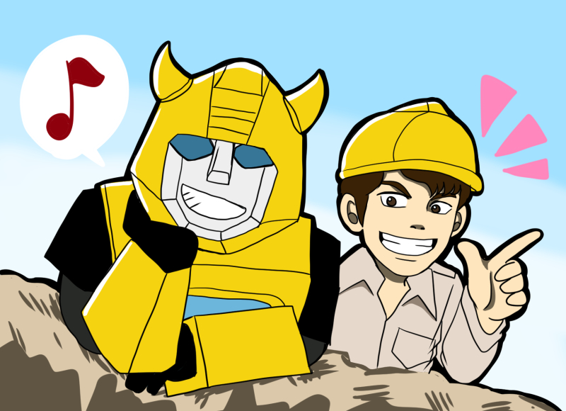 2boys 80s artist_request autobot blue_eyes blue_sky brown_eyes brown_hair bumblebee day helmet horns looking_at_viewer machine machinery male_focus mecha multiple_boys oldschool outdoors personification robot short_hair sky smile spike_witwicky teeth transformers