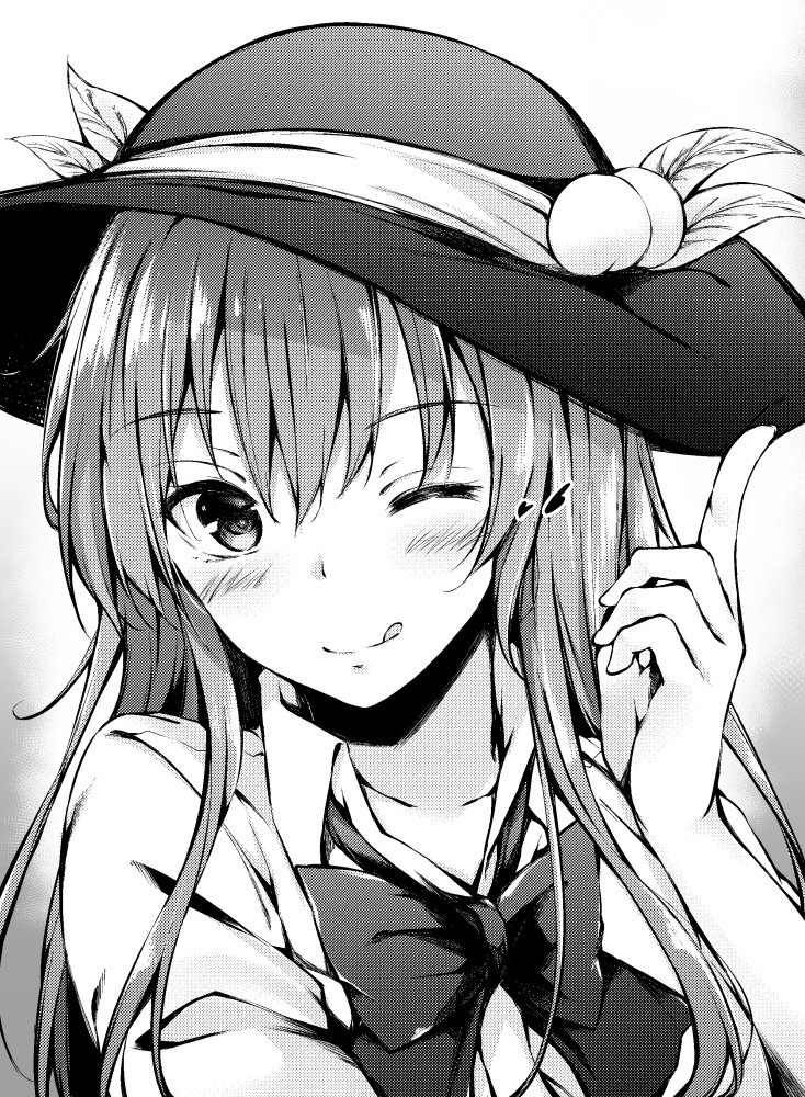 1girl :q ;) bangs blush bow bowtie closed_eyes collared_shirt food fruit greyscale hair_between_eyes hand_up hat heart hinanawi_tenshi index_finger_raised leaf long_hair looking_at_viewer monochrome one_eye_closed peach shirt sidelocks smile solo tongue tongue_out touhou upper_body yuhito_(ablbex)