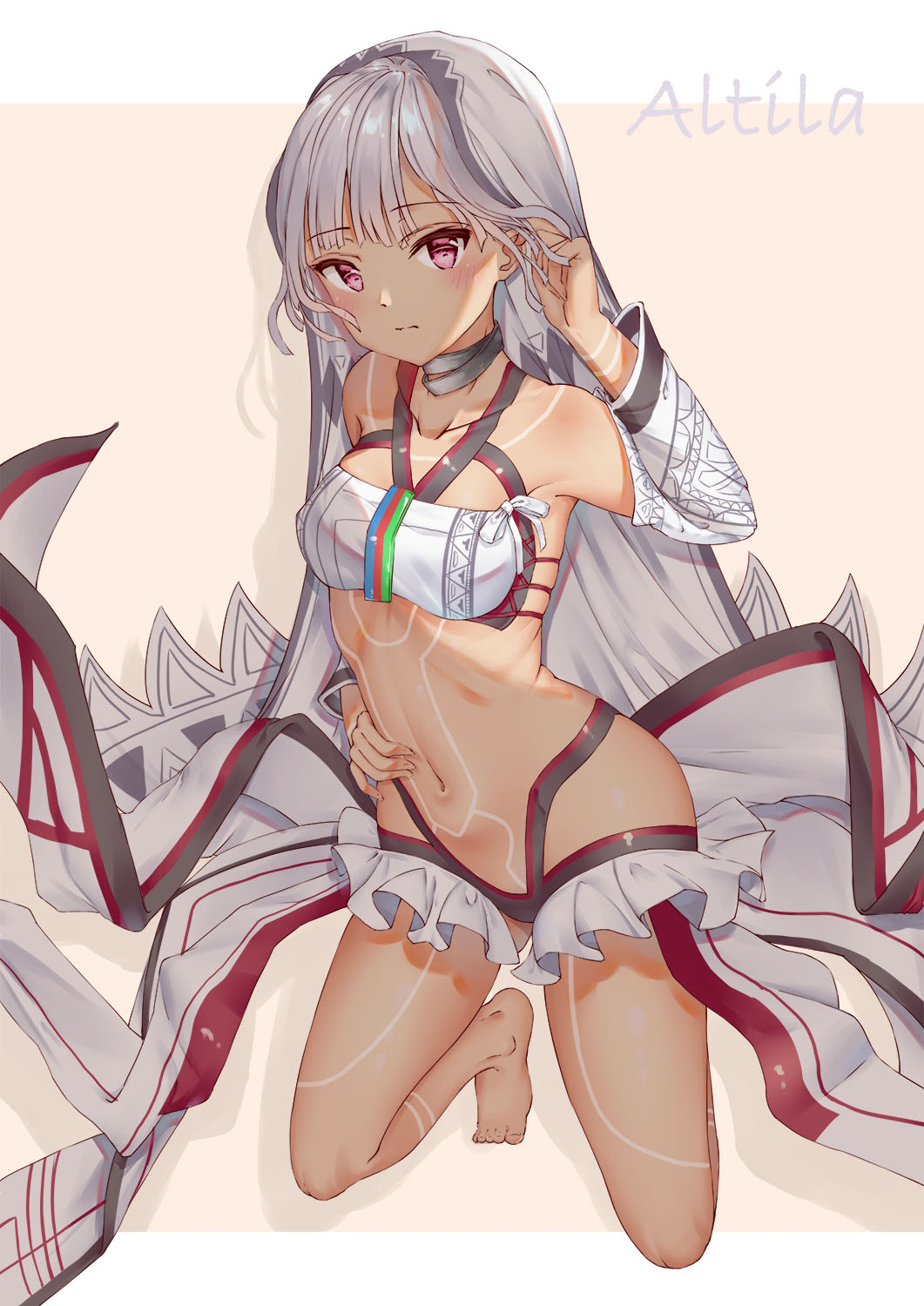 1girl altera_(fate) arm_up armpits bandeau bangs bare_shoulders barefoot beige_background bikini black_bikini_bottom blunt_bangs blush breasts character_name choker closed_mouth collarbone dark_skin detached_sleeves elleco_(bcf159) eyebrows_visible_through_hair fate/extella fate/extra fate/grand_order fate_(series) frilled_skirt frills full_body full_body_tattoo grey_hair groin hand_in_hair hand_on_hip headpiece highres layered_skirt long_sleeves looking_at_viewer midriff navel one_knee red_eyes revealing_clothes shade short_hair showgirl_skirt simple_background skirt small_breasts solo swimsuit tattoo veil white_background white_bikini_top white_hair white_skirt