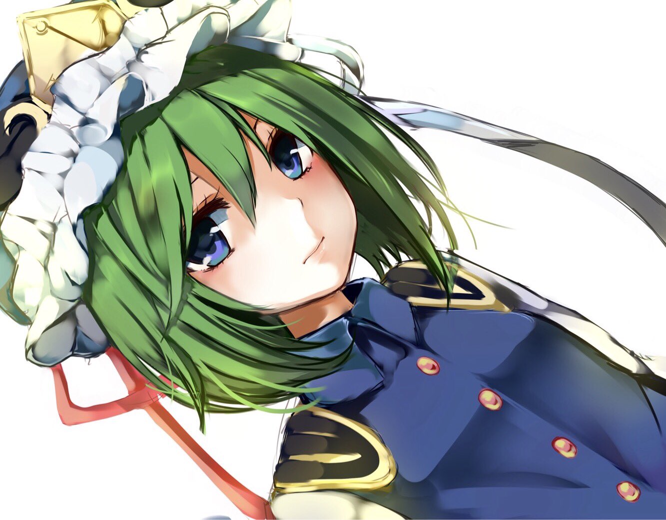 1girl bangs blue_eyes closed_mouth dutch_angle expressionless green_hair hair_between_eyes hat karasusou_nano long_hair looking_at_viewer shiki_eiki short_hair simple_background solo touhou white_background