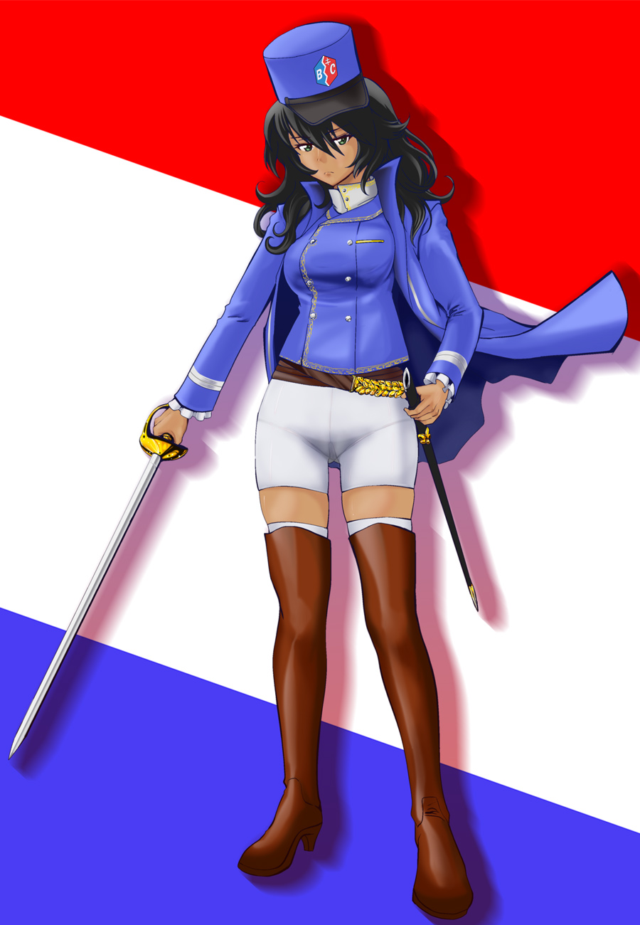 1girl bangs bc_freedom_(emblem) belt bike_shorts black_boots black_hair blouse blue_blouse blue_coat blue_hat boots closed_mouth dark_skin flag_background french_flag frown full_body girls_und_panzer green_eyes hair_between_eyes hat highres holding holding_weapon long_hair long_sleeves looking_at_viewer panties_under_bike_shorts scabbard shadow sheath shorts solo standing thigh-highs thigh_boots uniform weapon white_shorts yoyokkun