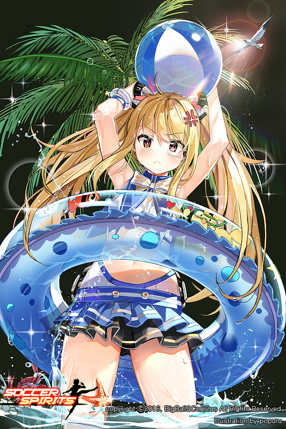 1girl anger_vein bird blonde_hair blush from_below innertube long_hair looking_at_viewer official_art palm_tree popuru red_eyes soccer_spirits solo standing swimsuit tree twintails