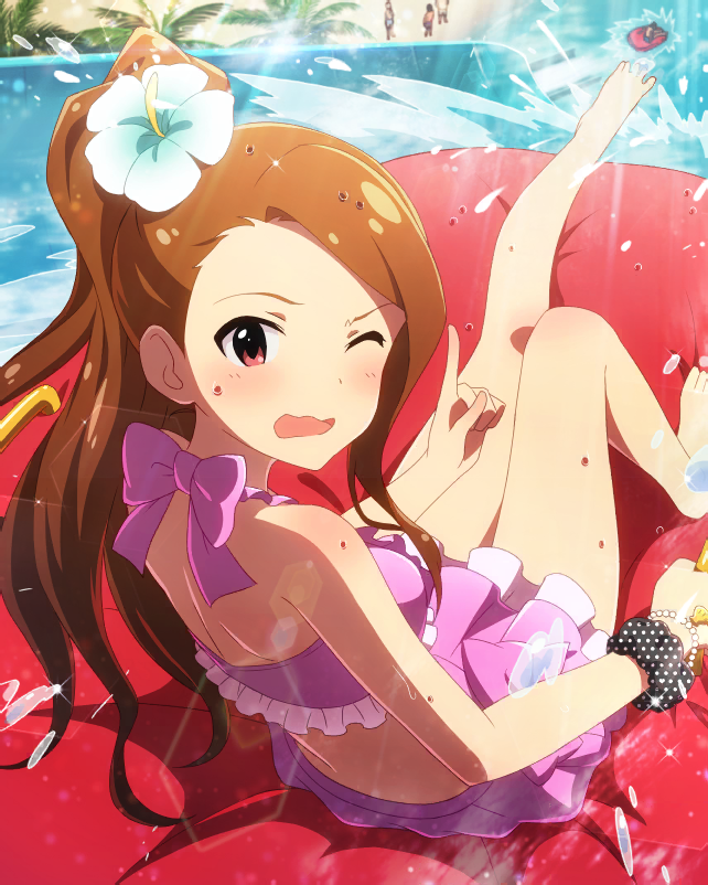 1girl alternate_hairstyle artist_request back bare_shoulders barefoot bikini blush bow bracelet brown_hair day feet frilled_bikini frills idolmaster idolmaster_million_live! idolmaster_million_live!_theater_days jewelry long_hair looking_at_viewer minase_iori official_art open_mouth outdoors palm_tree pink_swimsuit pointing ponytail red_eyes sunlight swimsuit tree water_slide wet wet_hair wince