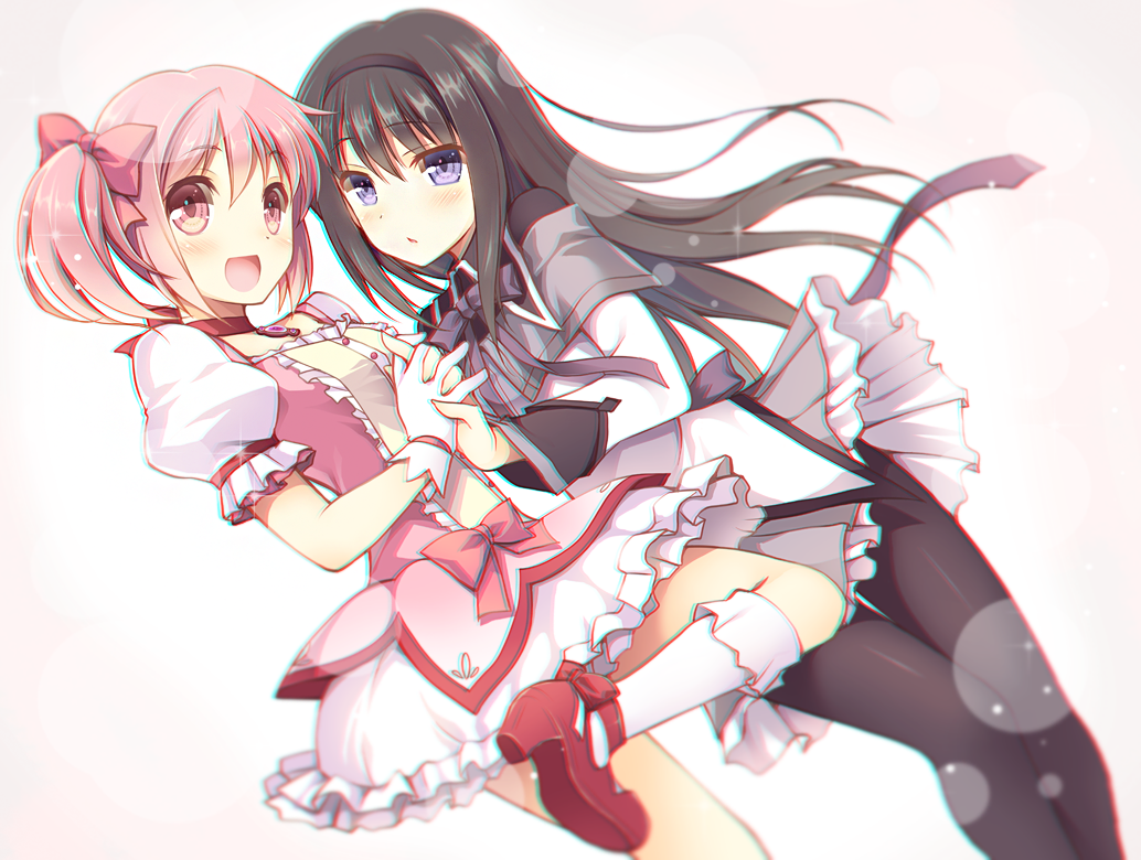 2girls akemi_homura argyle argyle_legwear black_hair bubble_skirt gloves gunp hair_ribbon hairband kaname_madoka kneehighs long_hair looking_at_viewer magical_girl mahou_shoujo_madoka_magica multiple_girls pink_eyes pink_hair pleated_skirt ribbon short_hair short_twintails simple_background skirt twintails violet_eyes white_background white_gloves white_legwear yuri