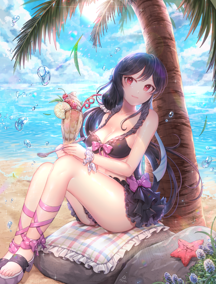 1girl beach black_hair blanket blush breasts cleavage closed_mouth cup day drinking_glass eyebrows_visible_through_hair holding holding_drinking_glass holding_spoon large_breasts long_hair looking_at_viewer original outdoors ozzingo rock sitting smile solo spoon starfish tree water_drop