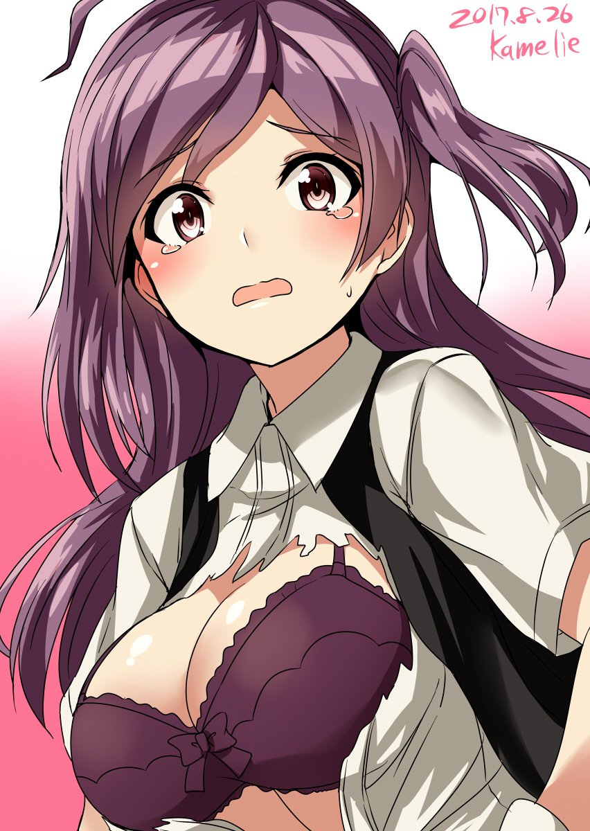 1girl ahoge artist_name black_vest blush bra breasts brown_eyes collared_shirt dated gradient gradient_background hagikaze_(kantai_collection) highres kamelie kantai_collection long_hair looking_at_viewer medium_breasts open_mouth pink_background purple_bra purple_hair shirt short_sleeves side_ponytail solo tears torn_clothes underwear upper_body vest white_background white_shirt