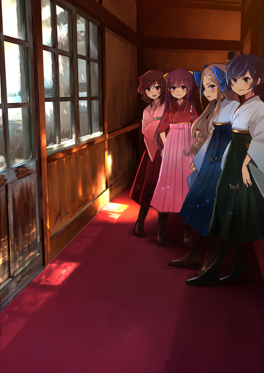 4girls anchor annin_musou architecture asakaze_(kantai_collection) black_hair black_hakama blonde_hair blue_eyes blue_hakama boots bow brown_eyes brown_hair carpet commentary_request dated drill_hair east_asian_architecture green_eyes hair_bow hakama hand_on_hip harukaze_(kantai_collection) hat highres japanese_clothes kamikaze_(kantai_collection) kantai_collection kimono lineup long_hair long_sleeves looking_at_viewer matsukaze_(kantai_collection) meiji_schoolgirl_uniform mini_hat multiple_girls parted_lips photo_date_watermark pink_hakama pink_kimono purple_hair red_hakama school_uniform shadow short_hair sidelocks sliding_doors smile snow sunlight violet_eyes white_kimono wide_sleeves