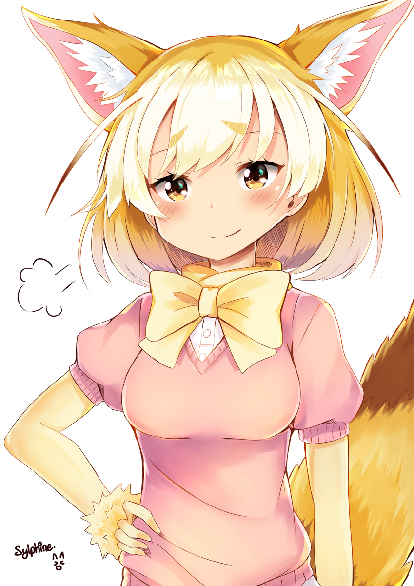 1girl =3 animal_ears blonde_hair blush bow bowtie fennec_(kemono_friends) fox_ears fox_tail fur_trim highres kemono_friends looking_at_viewer marker_(medium) pink_sweater puffy_short_sleeves puffy_sleeves short_hair short_sleeve_sweater short_sleeves sigh signature smile solo sweater sylphine tail traditional_media upper_body white_background yellow_bow yellow_bowtie yellow_eyes